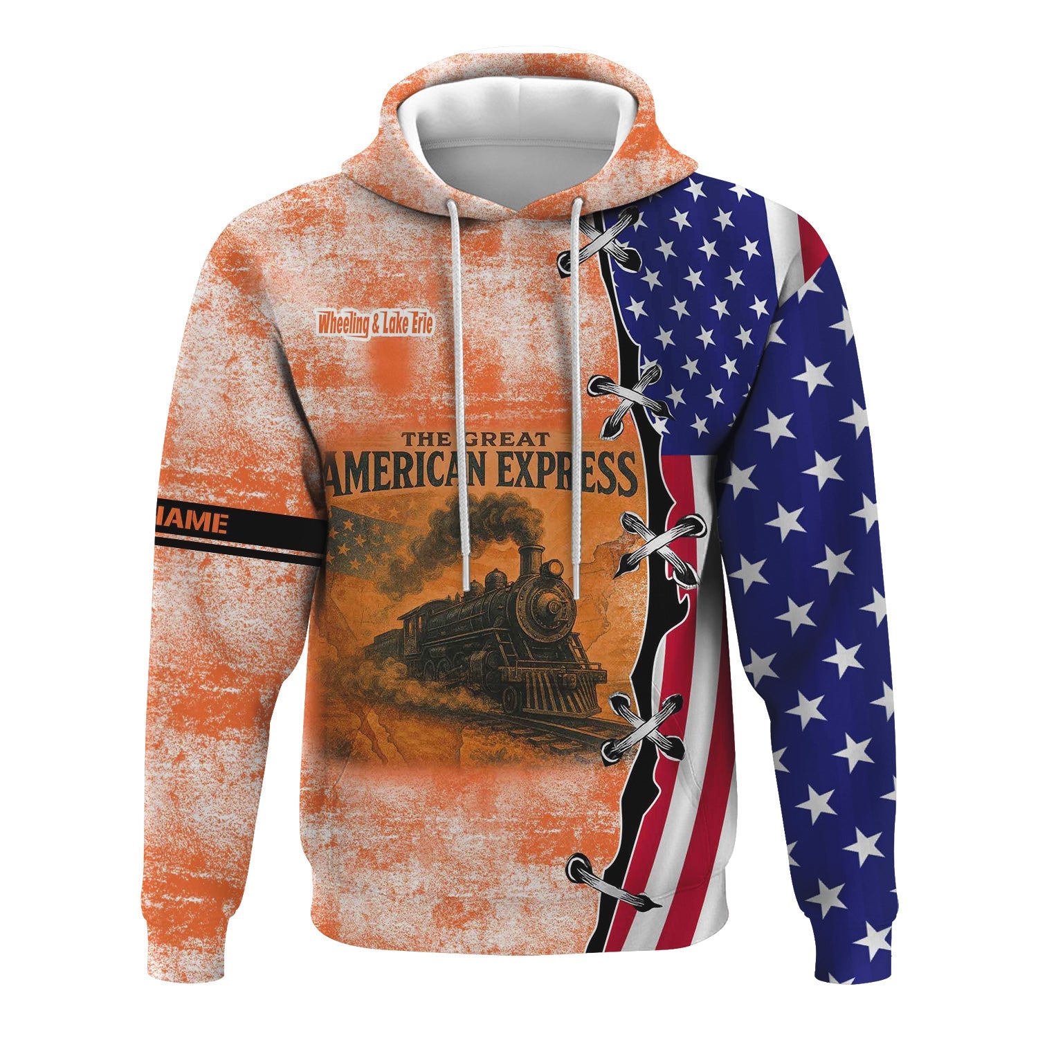 Railspirit Personalized Wheeling And Lake Erie Railroad Hoodie Retro American Express Train With USA Flag Zip Up Hoodie