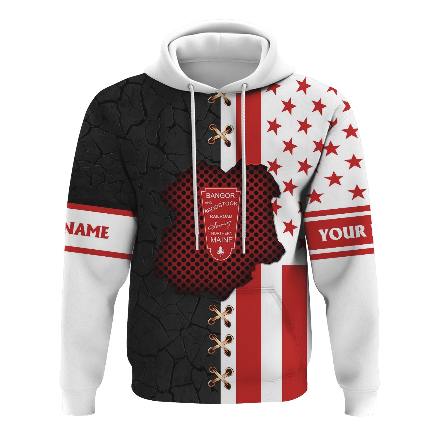 Railspirit Personalized Bangor And Aroostook Railroad Hoodie American Flag with Crack Effect Train Zip Up Hoodie