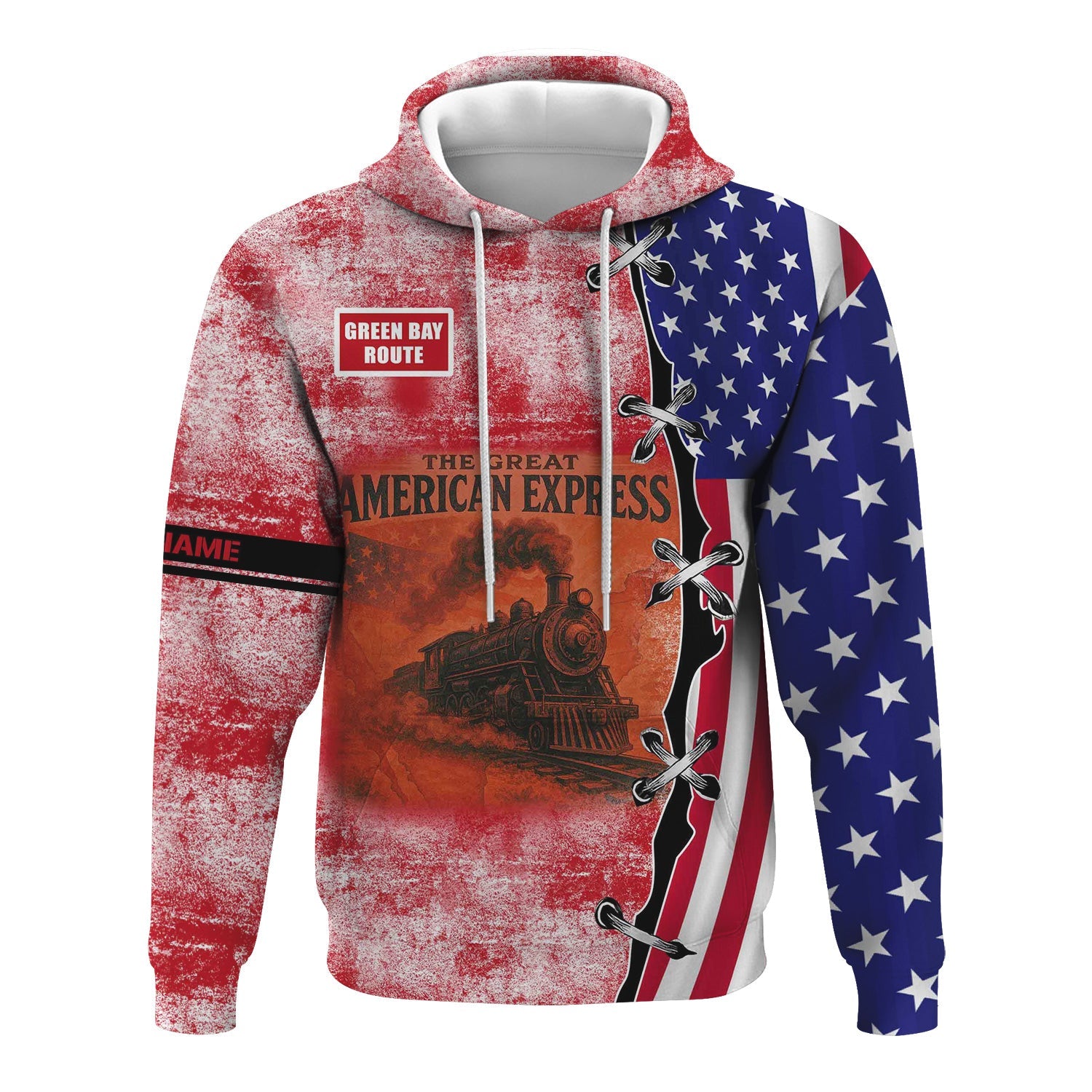 Railspirit Personalized Green Bay & Western Railroad Hoodie Retro American Express Train With USA Flag Zip Up Hoodie