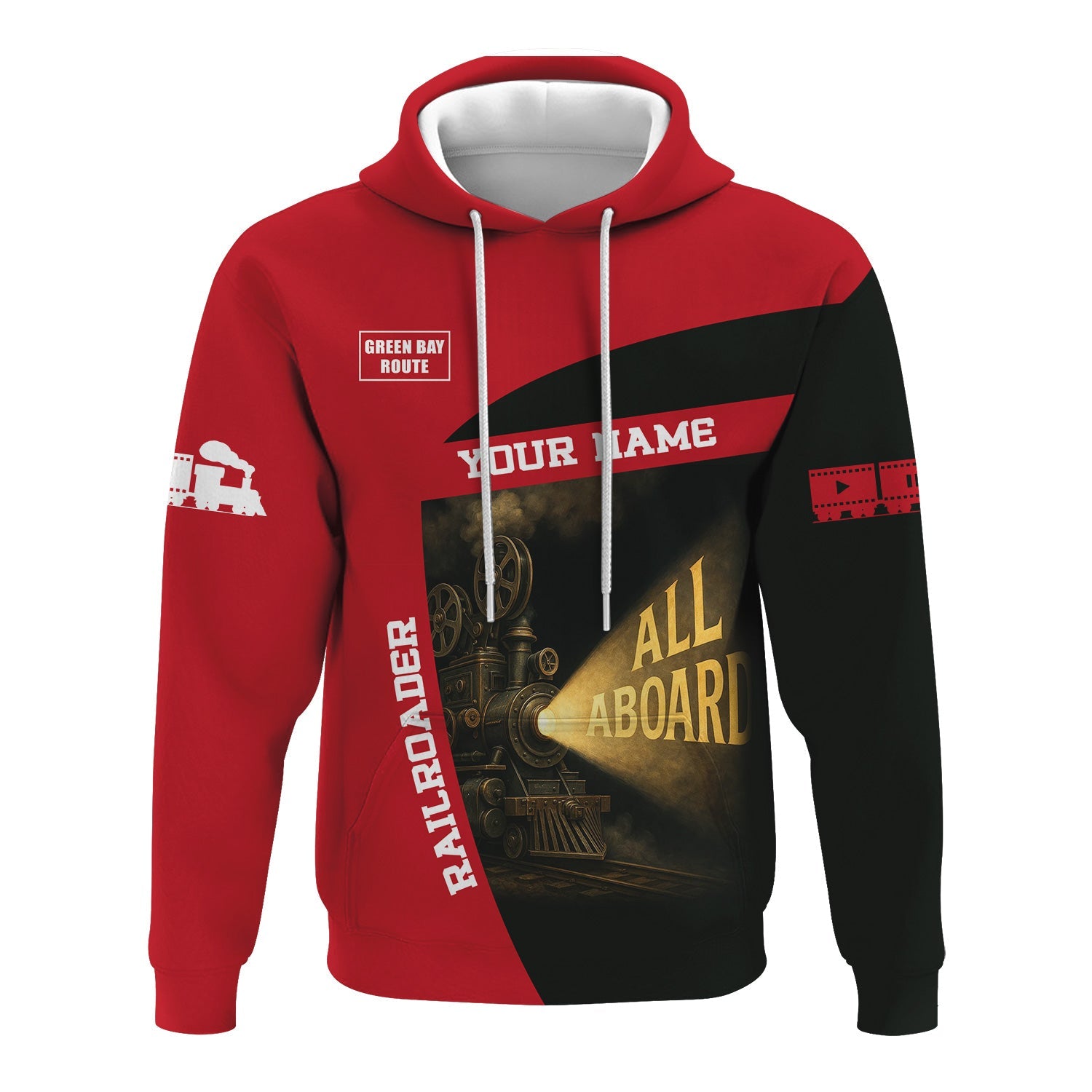 Railspirit Personalized Green Bay & Western Railroad Hoodie All Aboard Steam Train Movie Projector Style Zip Up Hoodie
