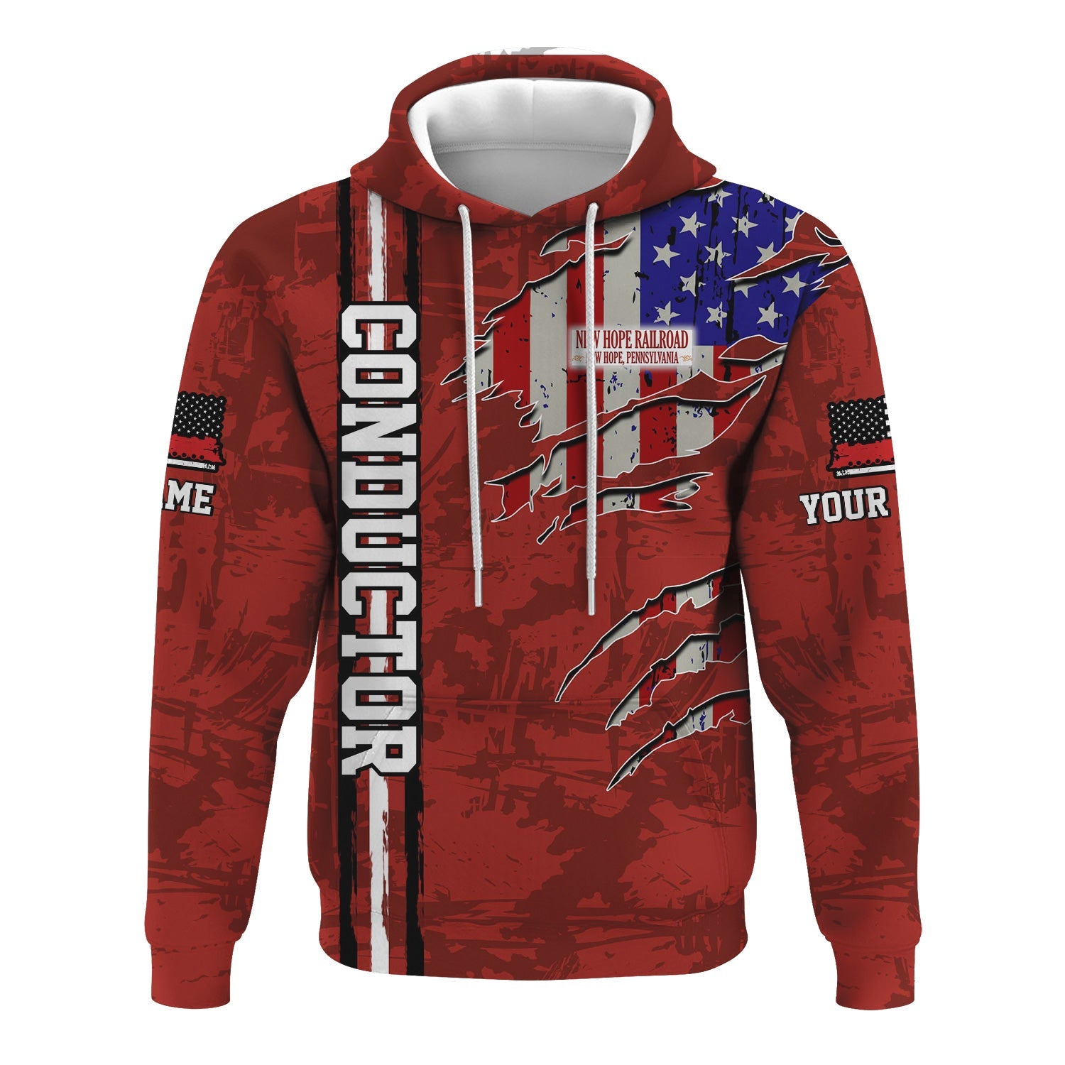 Railspirit Personalized New Hope Railroad Hoodie USA Flag Claw Art with Custom Job Train Zip Up Hoodie
