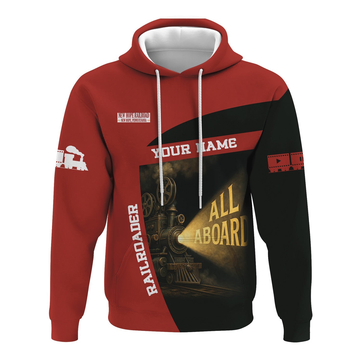 Railspirit Personalized New Hope Railroad Hoodie All Aboard Steam Train Movie Projector Style Zip Up Hoodie