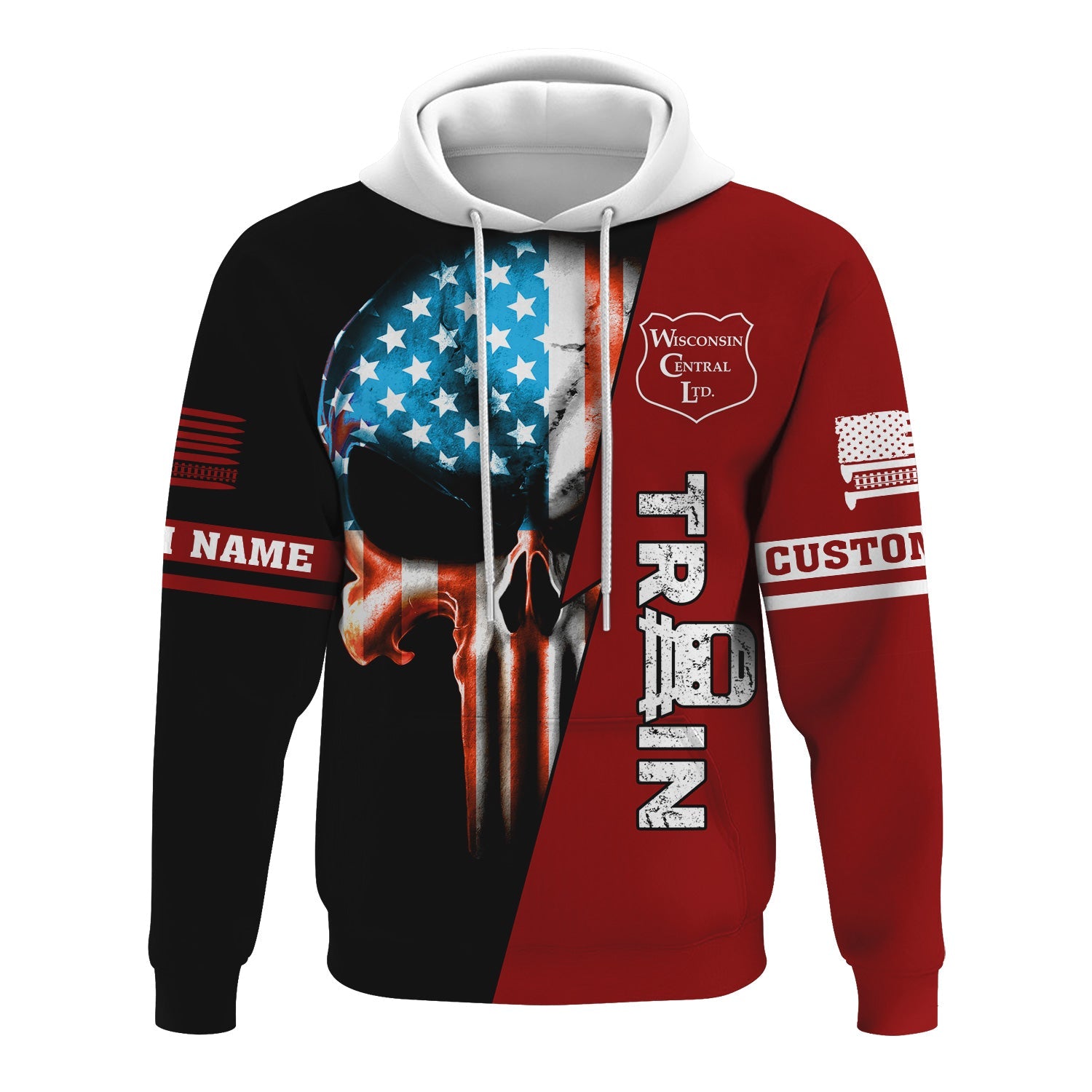 Railspirit Personalized Wisconsin Central Ltd Railroad Hoodie Train Skull American Flag Zip Up Hoodie All Over Print