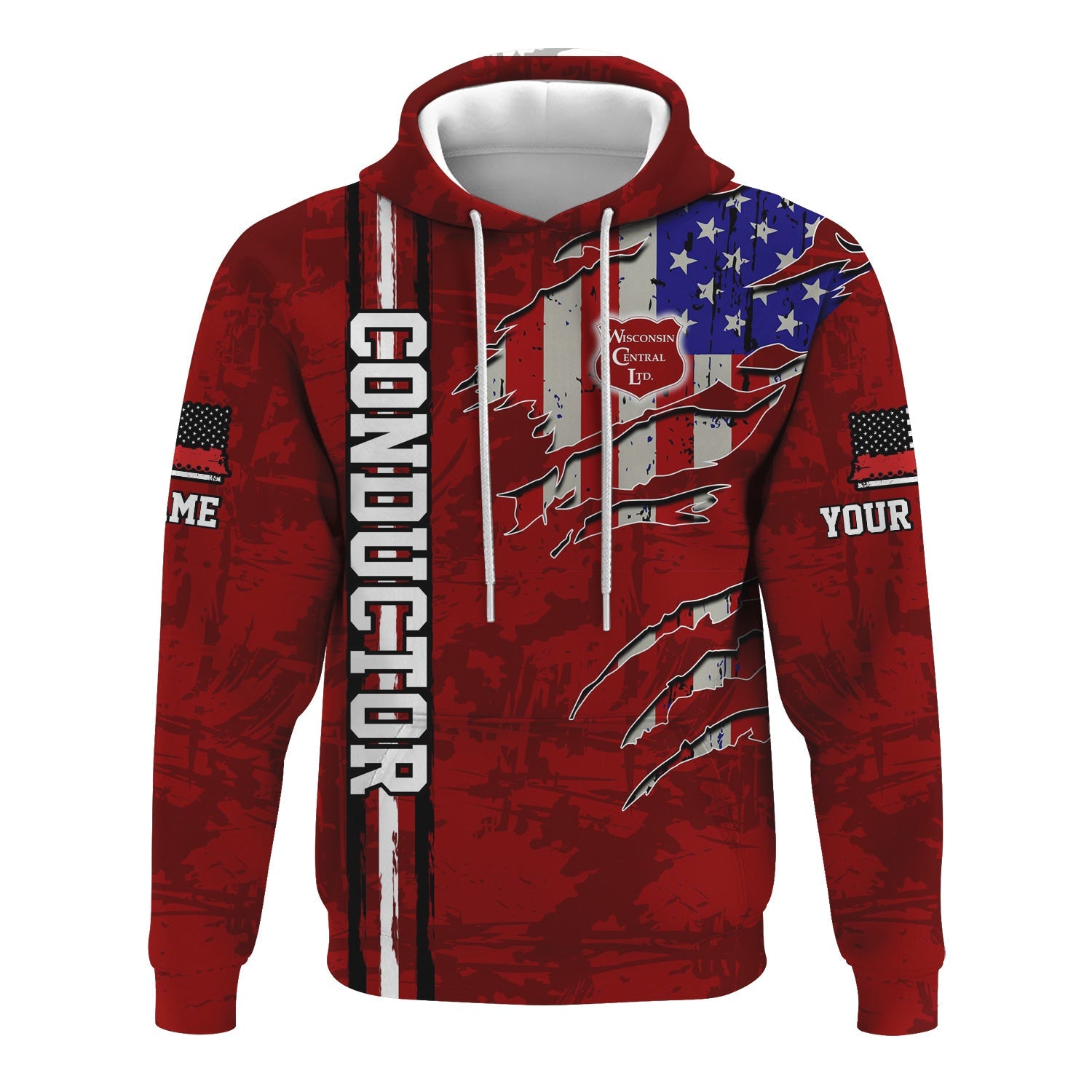 Railspirit Personalized Wisconsin Central Ltd Railroad Hoodie USA Flag Claw Art with Custom Job Train Zip Up Hoodie