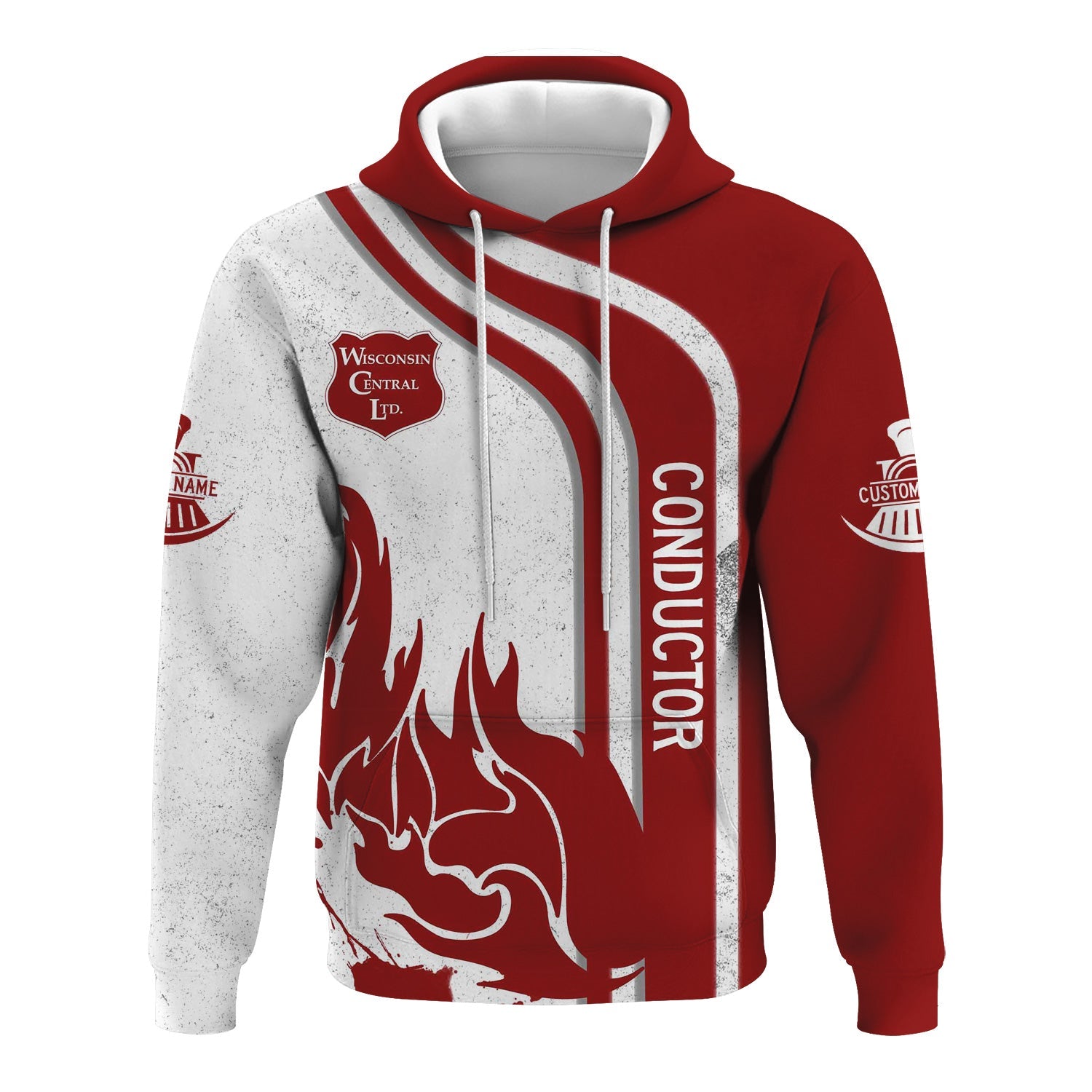 Railspirit Personalized Wisconsin Central Ltd Railroad Hoodie Flame Design with Custom Job Position Train Zip Up Hoodie