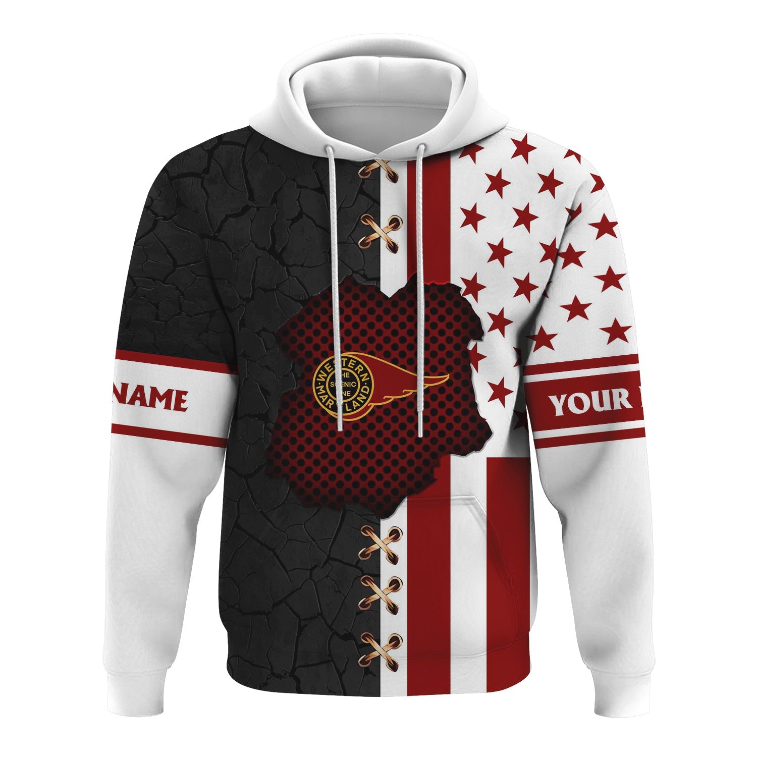 Railspirit Personalized Western Maryland Railway Hoodie American Flag with Crack Effect Train Zip Up Hoodie