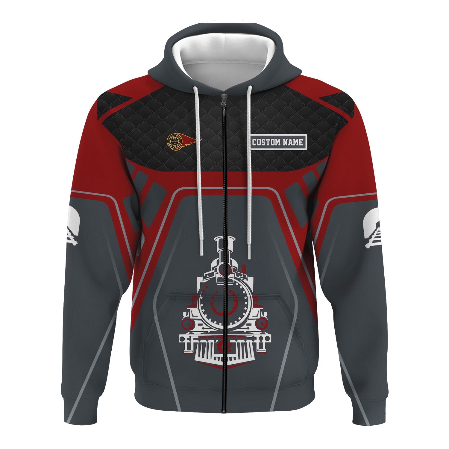 Railspirit Personalized Western Maryland Railway Hoodie Steam Locomotive Engine Graphic Train Zip Up Hoodie All Over Print