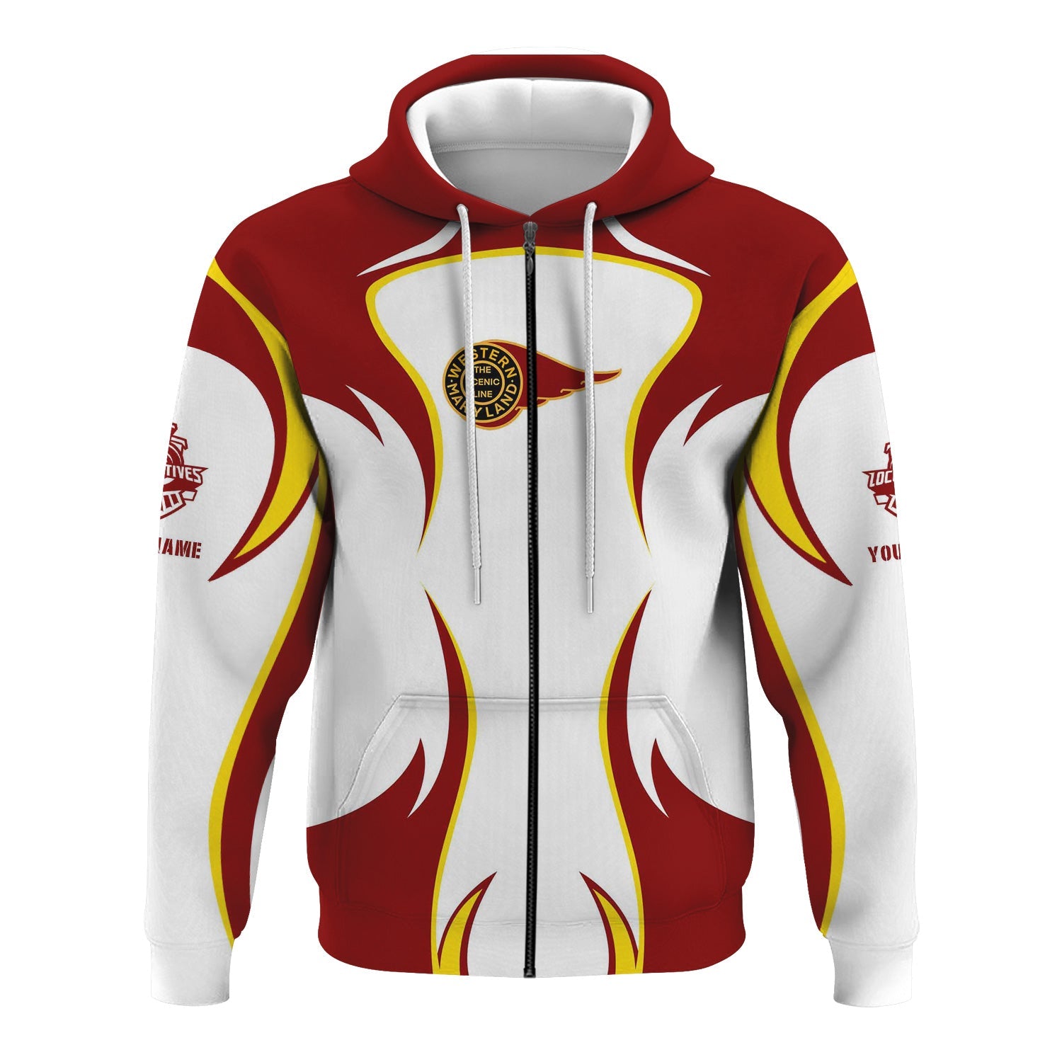 Railspirit Personalized Western Maryland Railway Hoodie Distinctive Flame Style Zip Up Hoodie For Steam Engine Addict