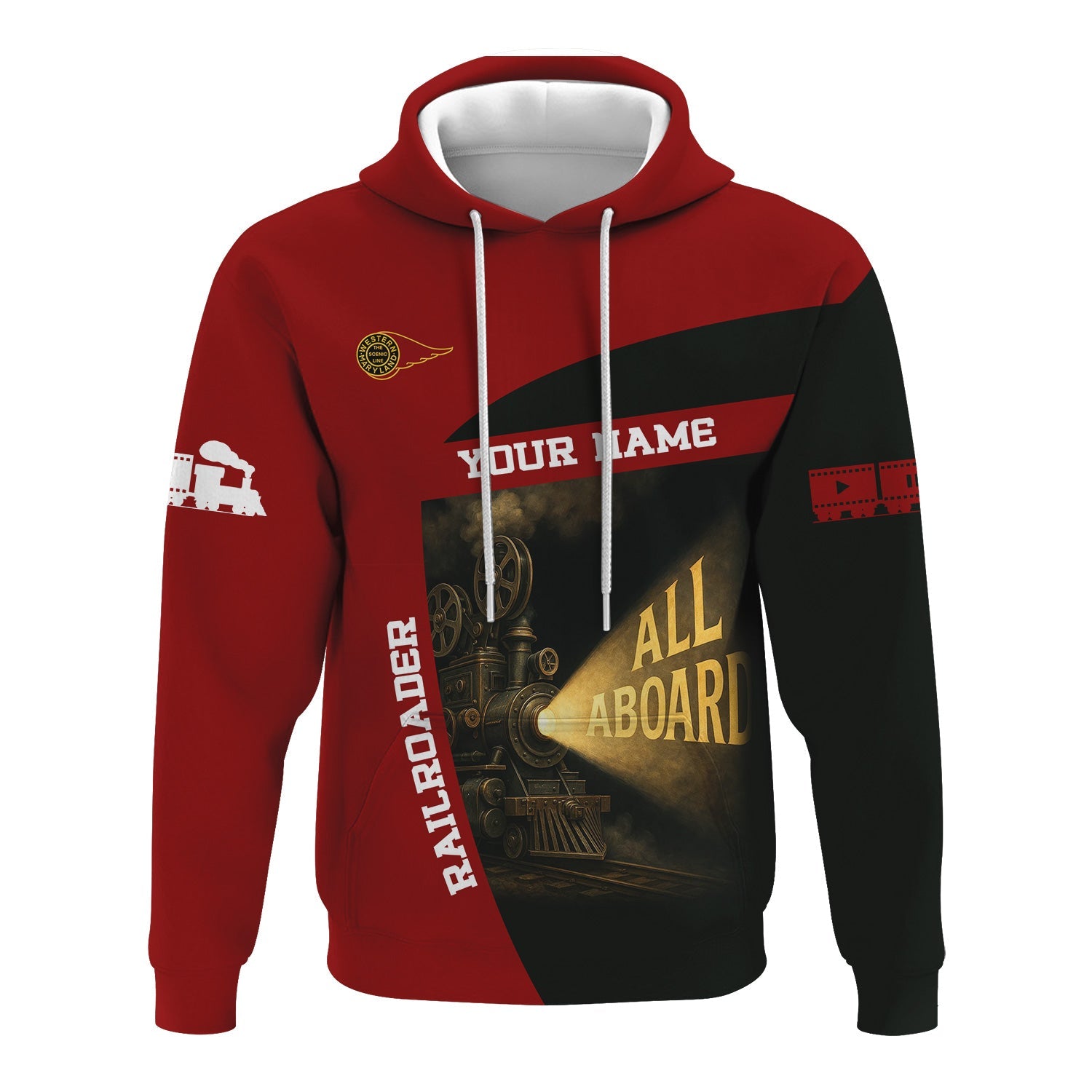 Railspirit Personalized Western Maryland Railway Hoodie All Aboard Steam Train Movie Projector Style Zip Up Hoodie