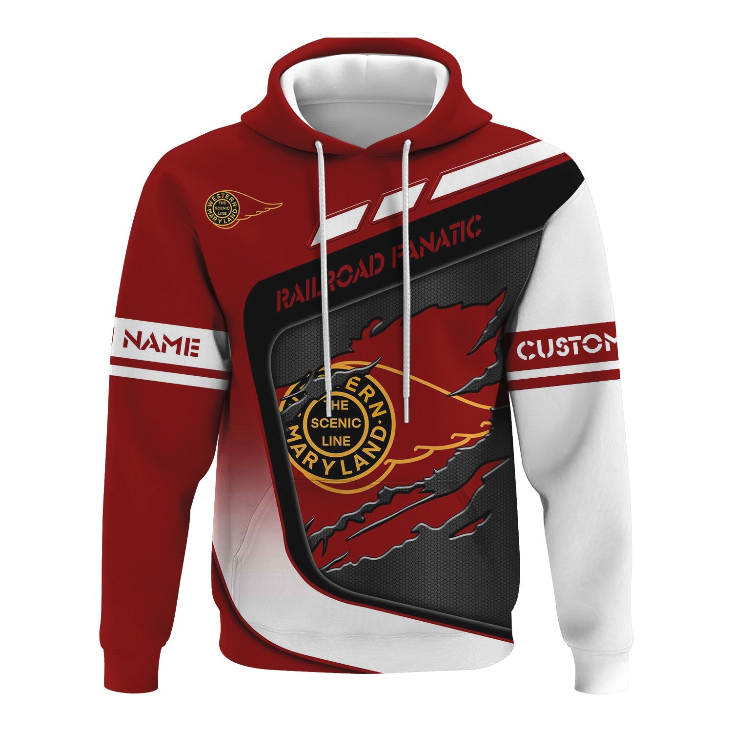 Railspirit Personalized Western Maryland Railway Hoodie Ripped Texture Style Train Zip Up Hoodie For Railroad Fanatic