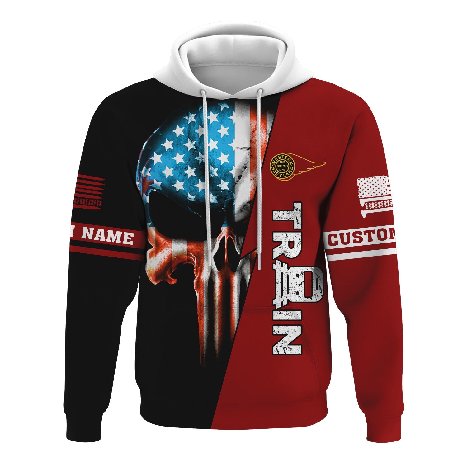 Railspirit Personalized Western Maryland Railway Hoodie Train Skull American Flag Zip Up Hoodie All Over Print