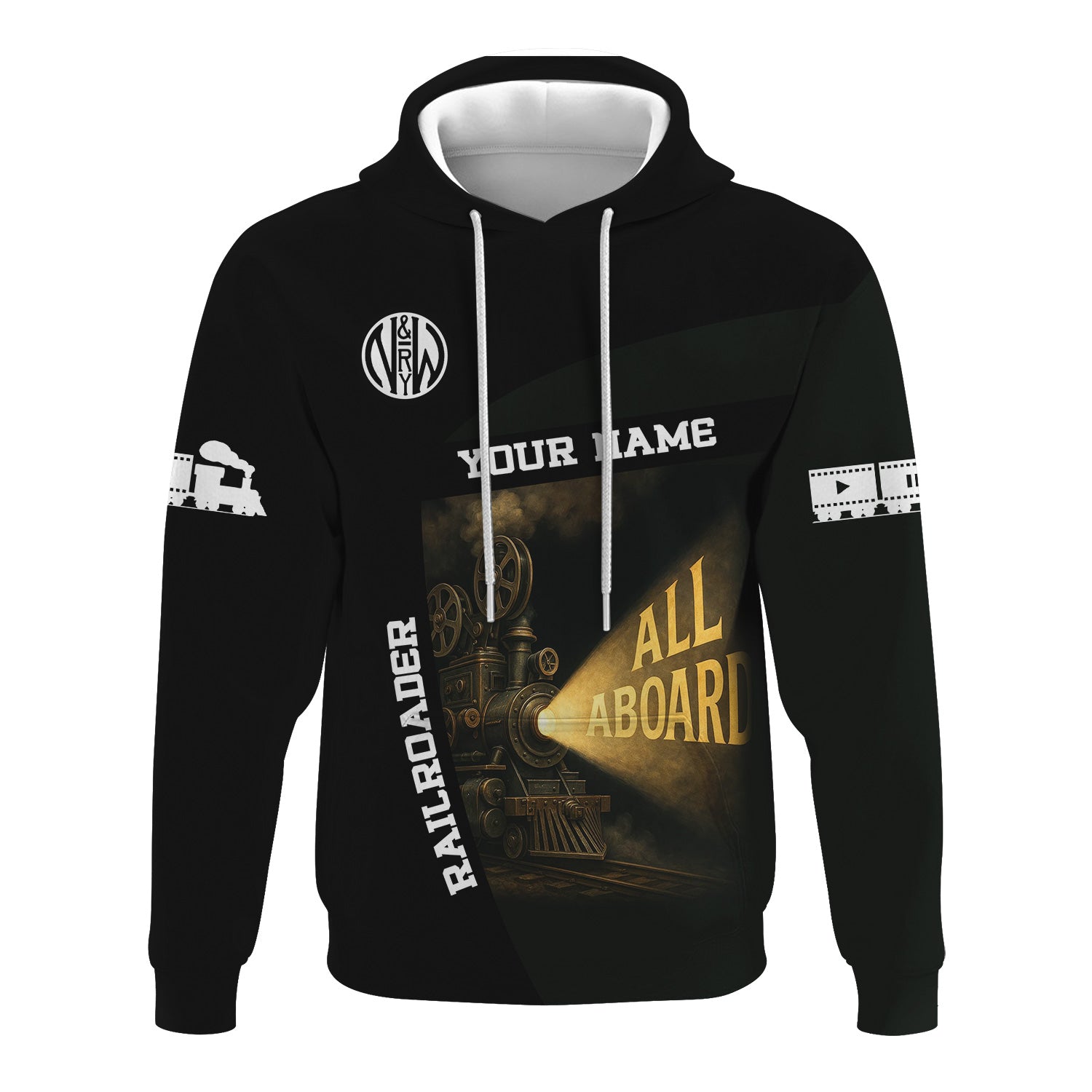 Railspirit Personalized Norfolk and Western Railway Hoodie All Aboard Steam Train Movie Projector Style N&W Zip Up Hoodie