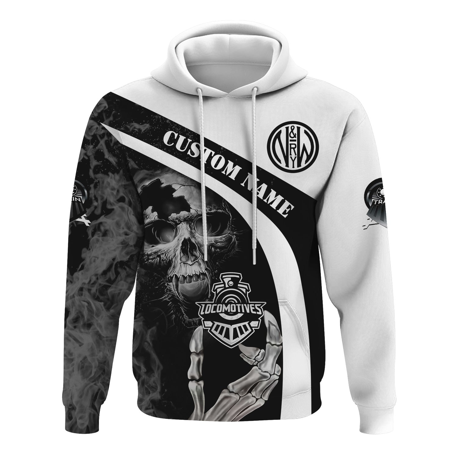 Railspirit Personalized Norfolk and Western Railway Hoodie Flame Skull Design N&W Train Zip Up Hoodie for Locomotive Fans