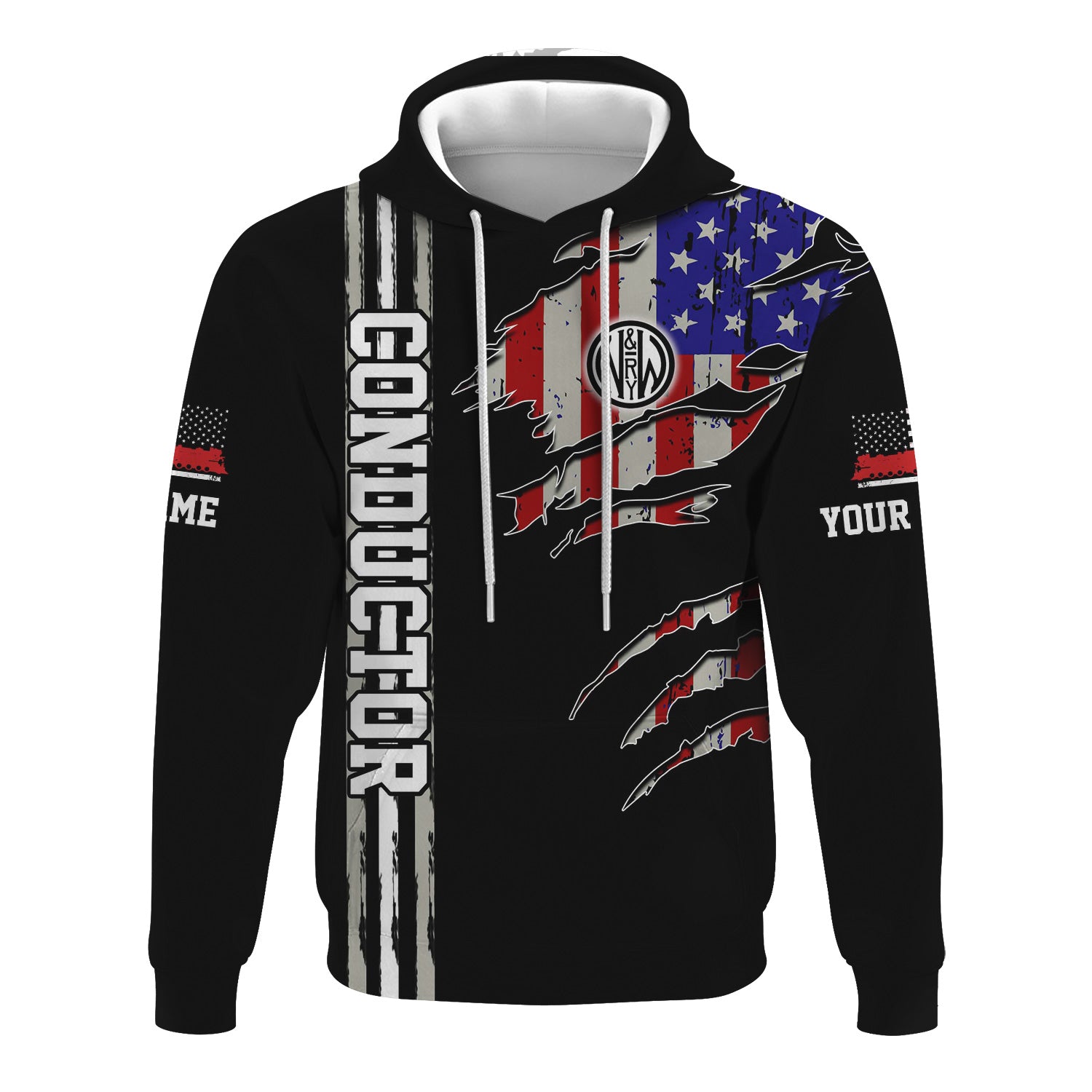 Railspirit Personalized Norfolk and Western Railway Hoodie USA Flag Claw Art with Custom Job N&W Train Zip Up Hoodie