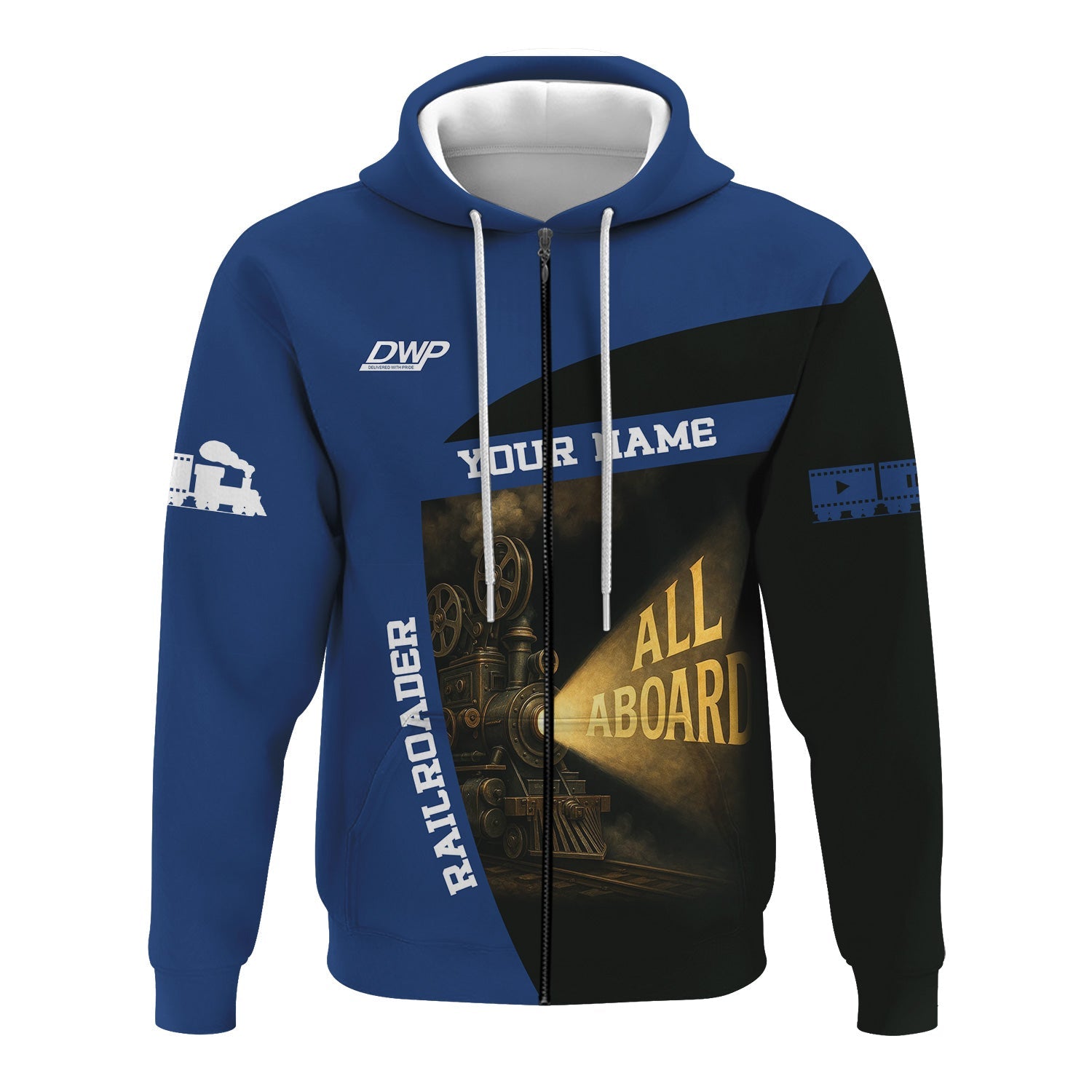 Railspirit Personalized Duluth, Winnipeg and Pacific Railway Hoodie All Aboard Steam Train Movie Projector Style Zip Up Hoodie