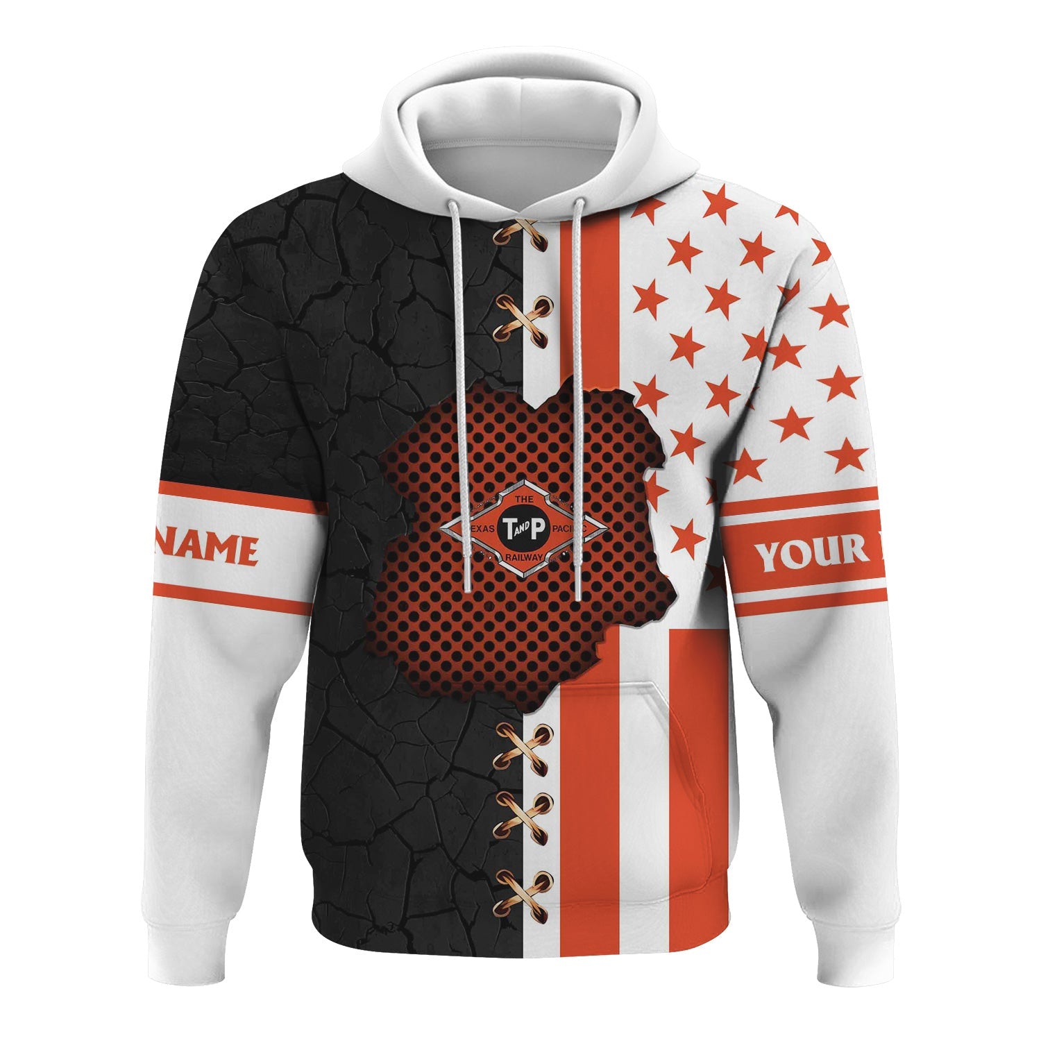 Railspirit Personalized Texas and Pacific Railway Hoodie American Flag with Crack Effect Train Zip Up Hoodie