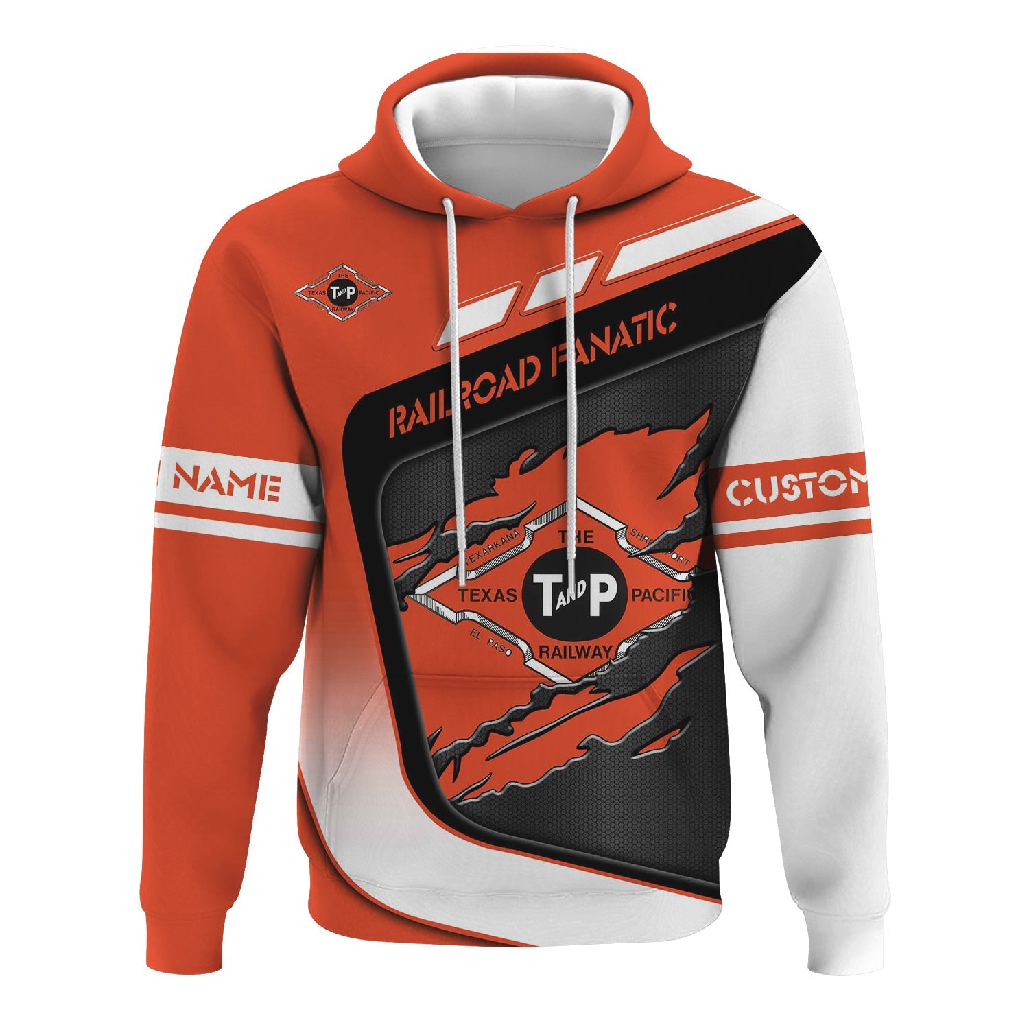 Railspirit Personalized Texas and Pacific Railway Hoodie Ripped Texture Style Train Zip Up Hoodie For Railroad Fanatic