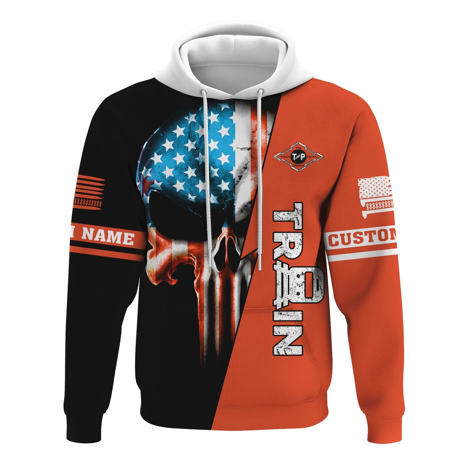 Railspirit Personalized Texas and Pacific Railway Hoodie Train Skull American Flag Zip Up Hoodie All Over Print
