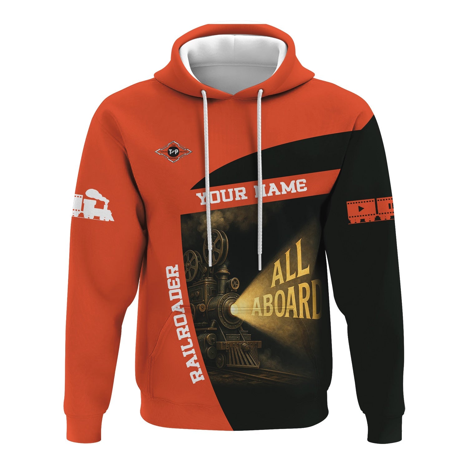 Railspirit Personalized Texas and Pacific Railway Hoodie All Aboard Steam Train Movie Projector Style Zip Up Hoodie