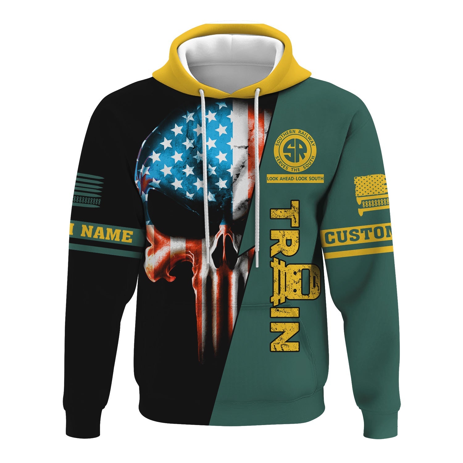 Railspirit Personalized Southern Railway U.S Hoodie Train Skull American Flag SOU Zip Up Hoodie All Over Print