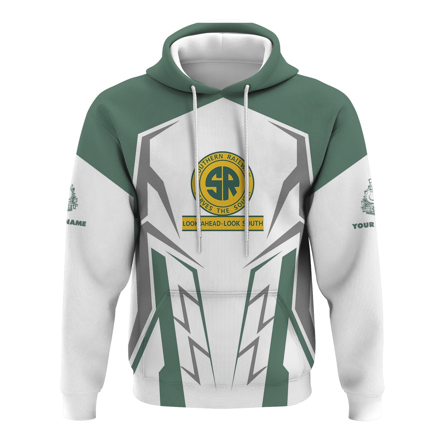 Railspirit Personalized Southern Railway U.S Hoodie Futuristic Design with Custom Job SOU Train Zip Up Hoodie