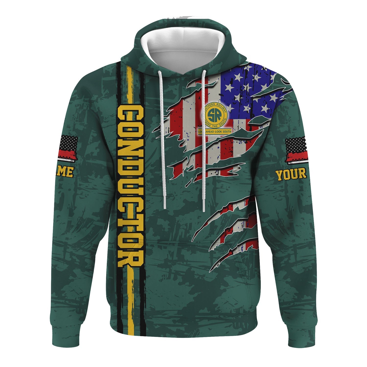 Railspirit Personalized Southern Railway U.S Hoodie USA Flag Claw Art with Custom Job SOU Train Zip Up Hoodie