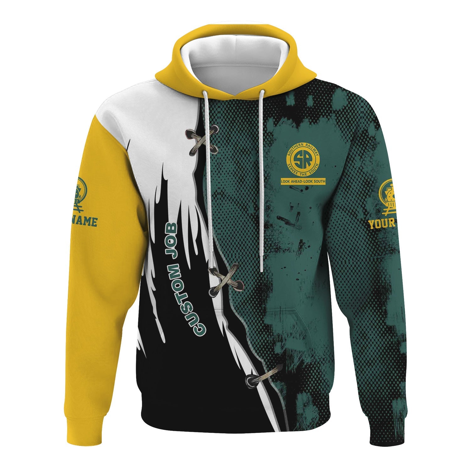 Railspirit Personalized Southern Railway U.S Hoodie Retro Stitches Design with Custom Position SOU Train Zip Up Hoodie