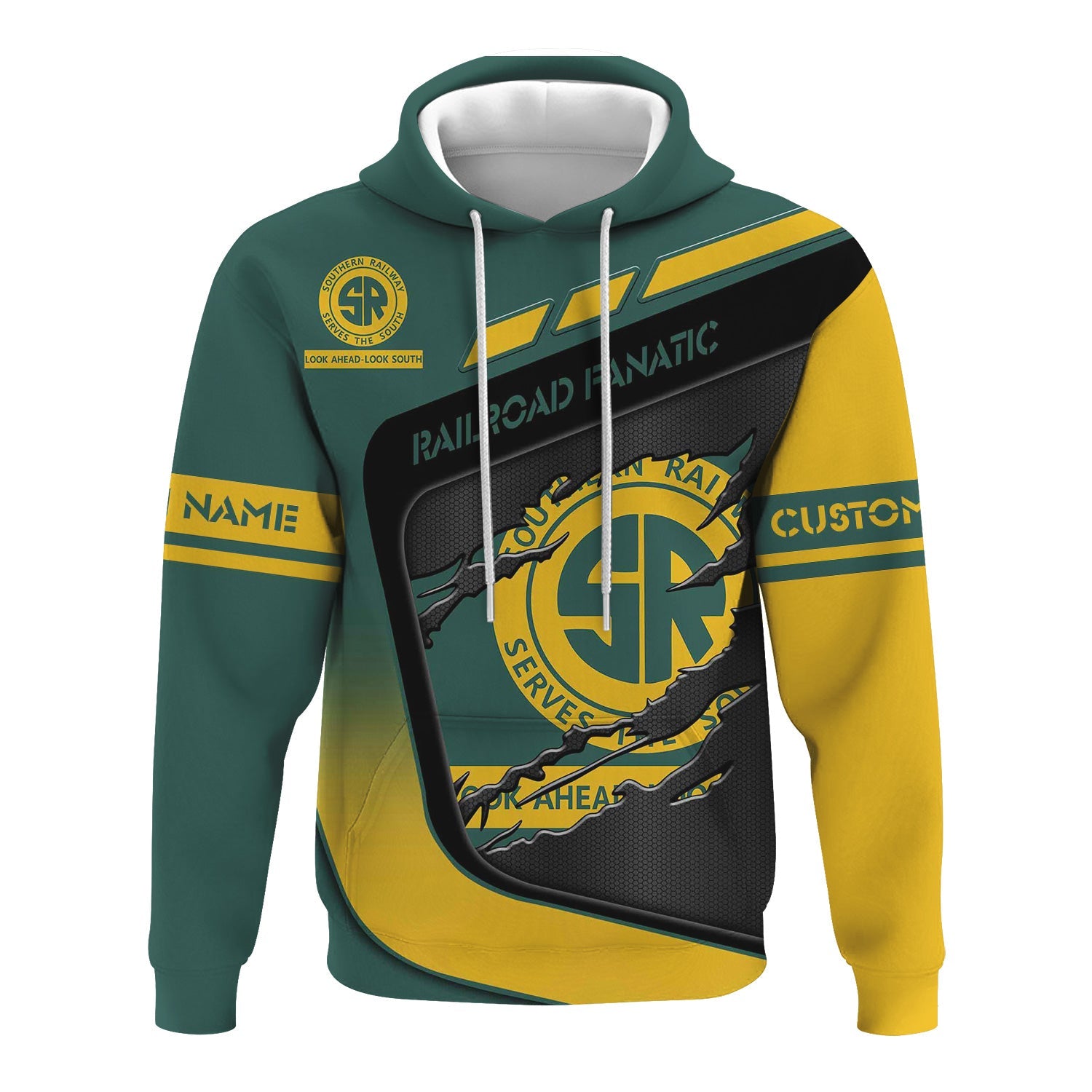 Railspirit Personalized Southern Railway U.S Hoodie Ripped Texture Style SOU Train Zip Up Hoodie For Railroad Fanatic