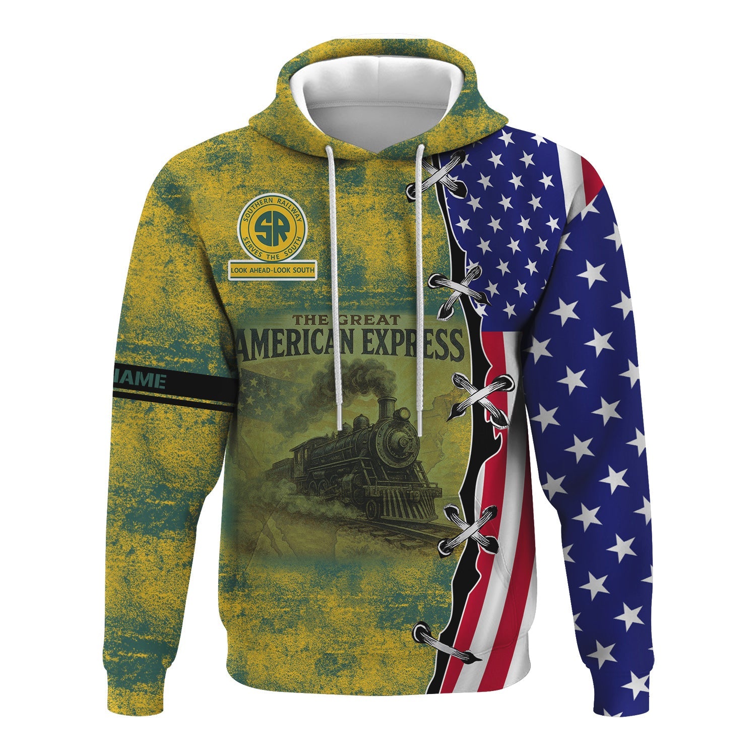 Railspirit Personalized Southern Railway U.S Hoodie Retro American Express Train With USA Flag SOU Zip Up Hoodie