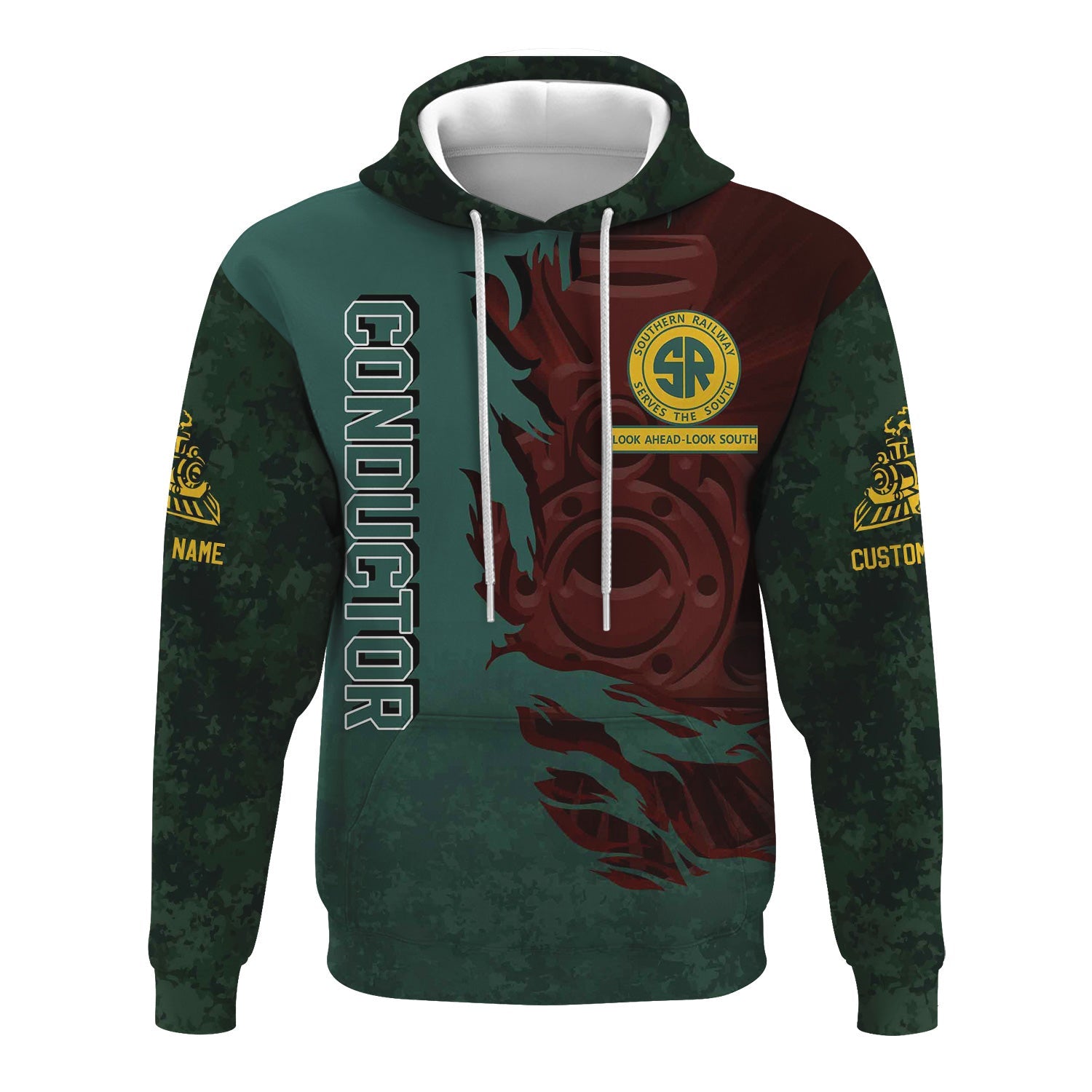 Railspirit Personalized Southern Railway U.S Hoodie Blazing Style with Custom Position SOU Train Zip Up Hoodie