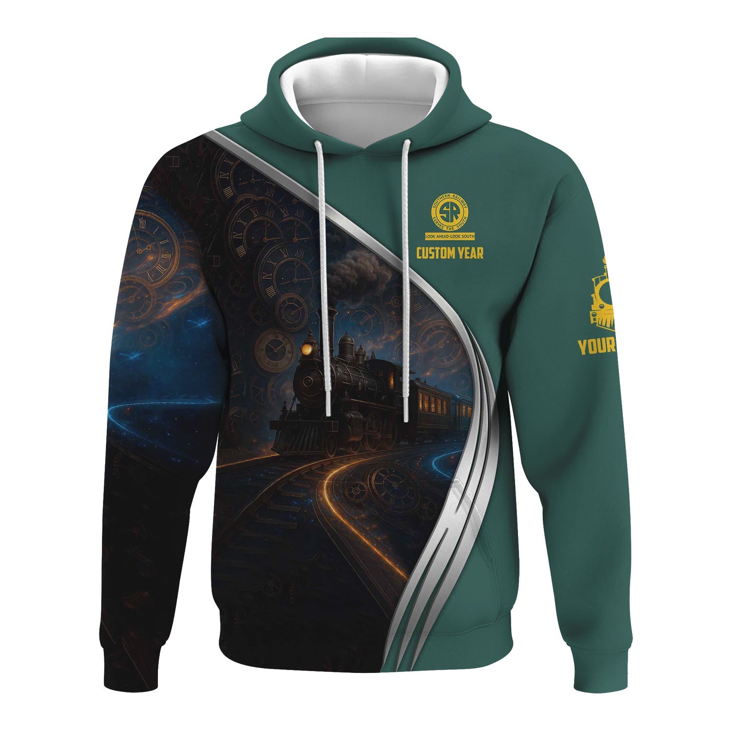 Railspirit Personalized Southern Railway U.S Hoodie Steampunk Locomotive with Custom Year SOU Train Zip Up Hoodie