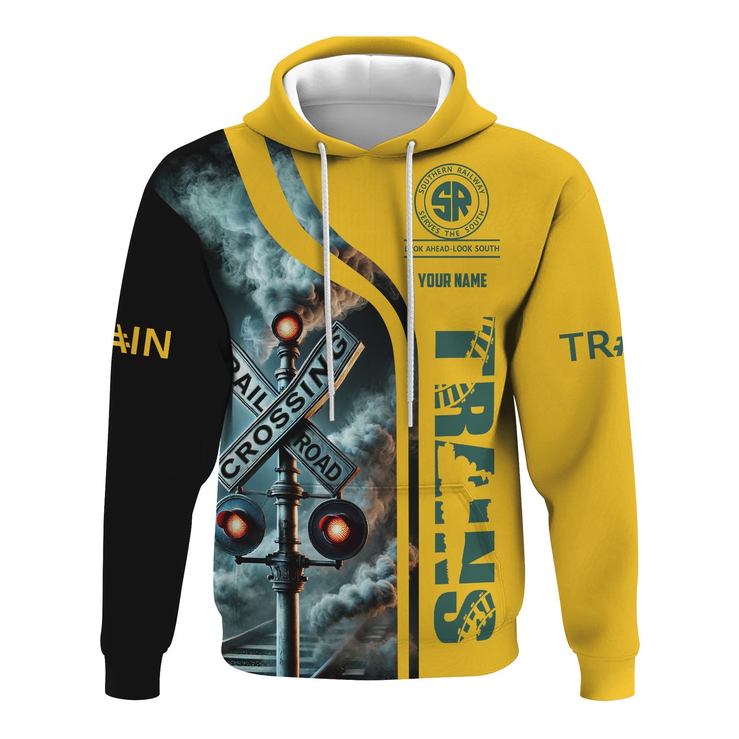 Railspirit Custom Name Southern Railway U.S Hoodie Railroad Crossing Sign SOU Printed Zip Hoodie