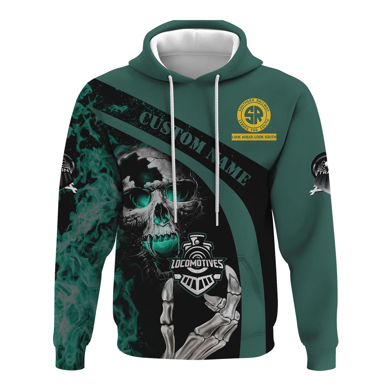Railspirit Personalized Southern Railway U.S Hoodie Flame Skull Design SOU Train Zip Up Hoodie for Locomotive Fans