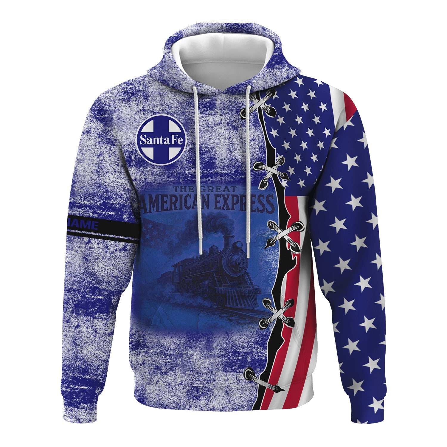 Railspirit Personalized Santa Fe Railway Hoodie Retro American Express Train With USA Flag Atchison, Topeka and Santa Fe Railway Zip Up Hoodie