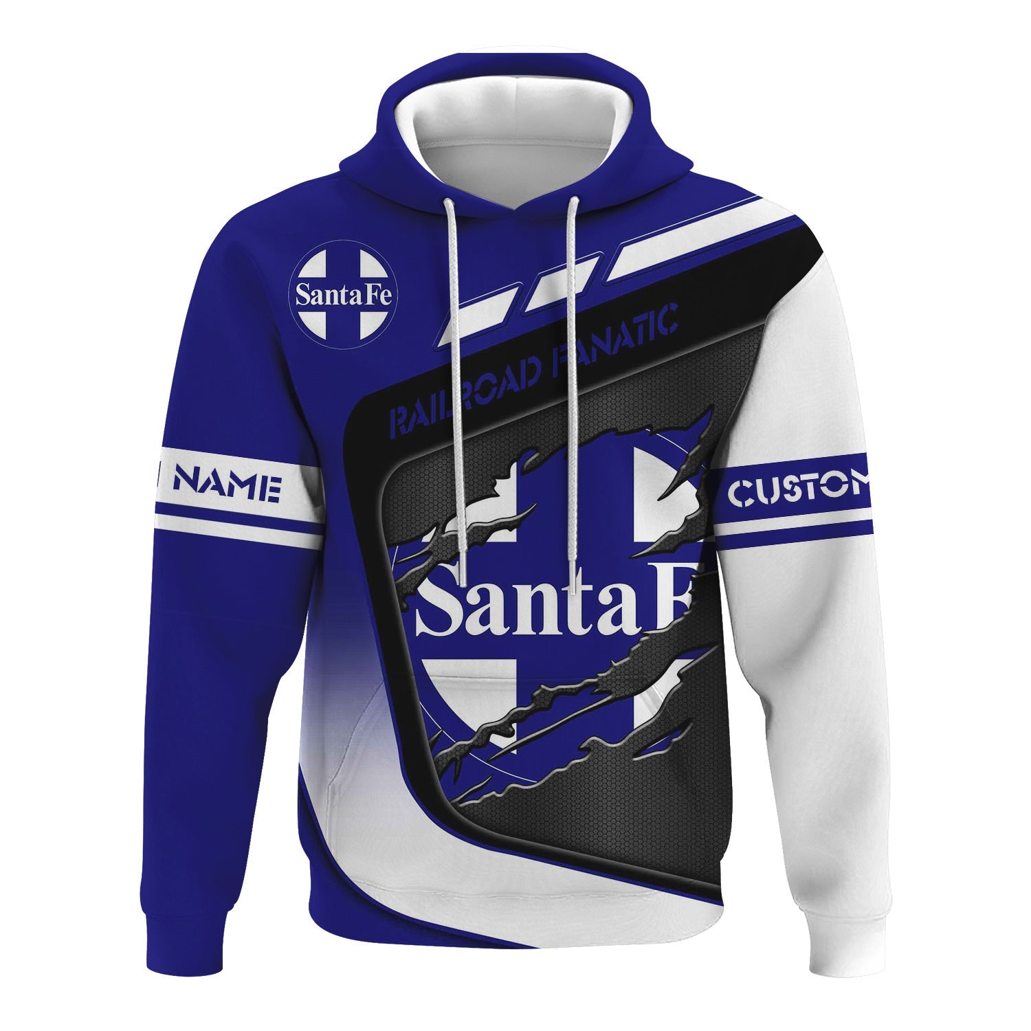 Railspirit Personalized Santa Fe ATSF Railway Hoodie Ripped Texture Style Atchison, Topeka and Santa Fe Train Zip Up Hoodie For Railroad Fanatic