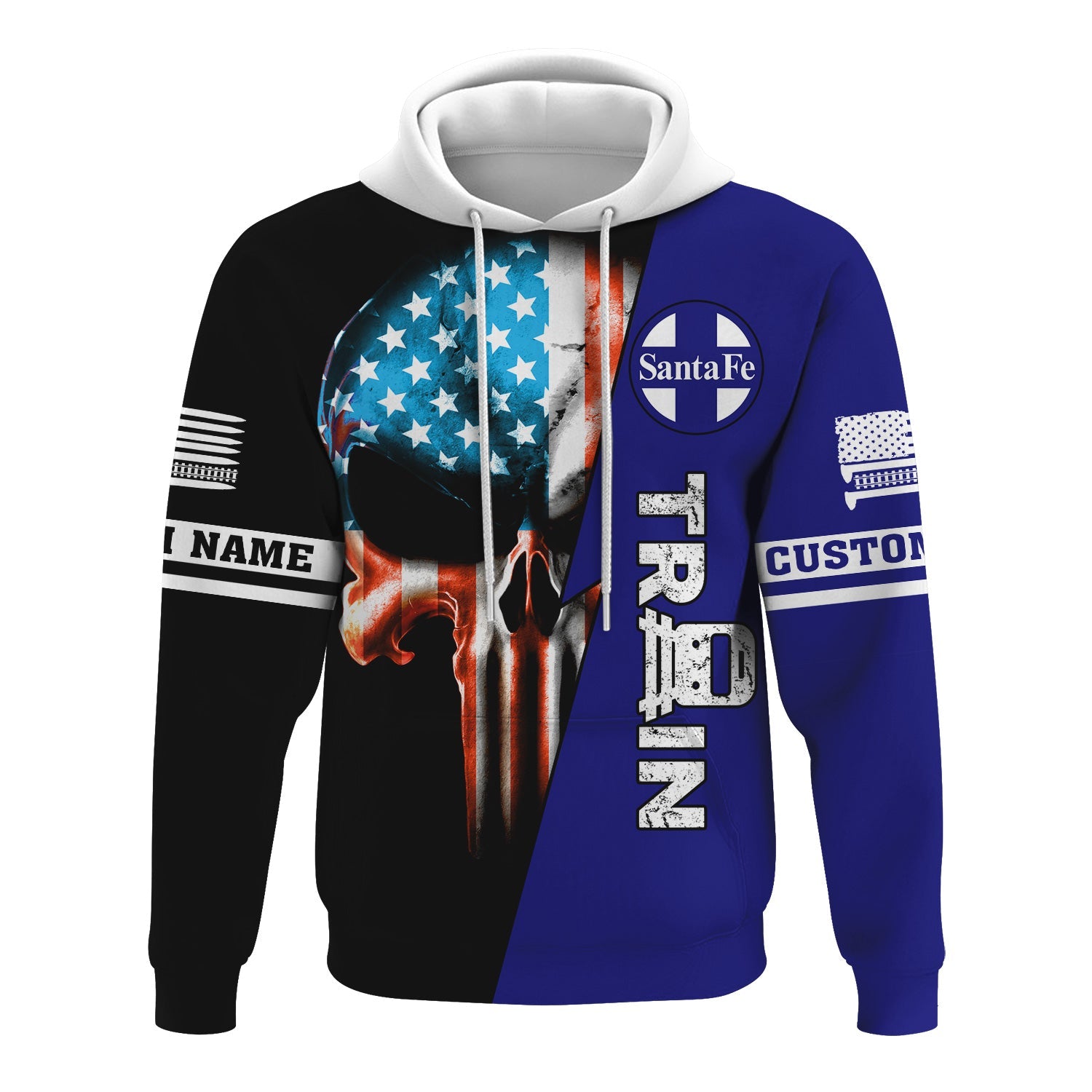 Railspirit Personalized Santa Fe Railway Hoodie Train Skull American Flag Atchison, Topeka and Santa Fe Railway Zip Up Hoodie