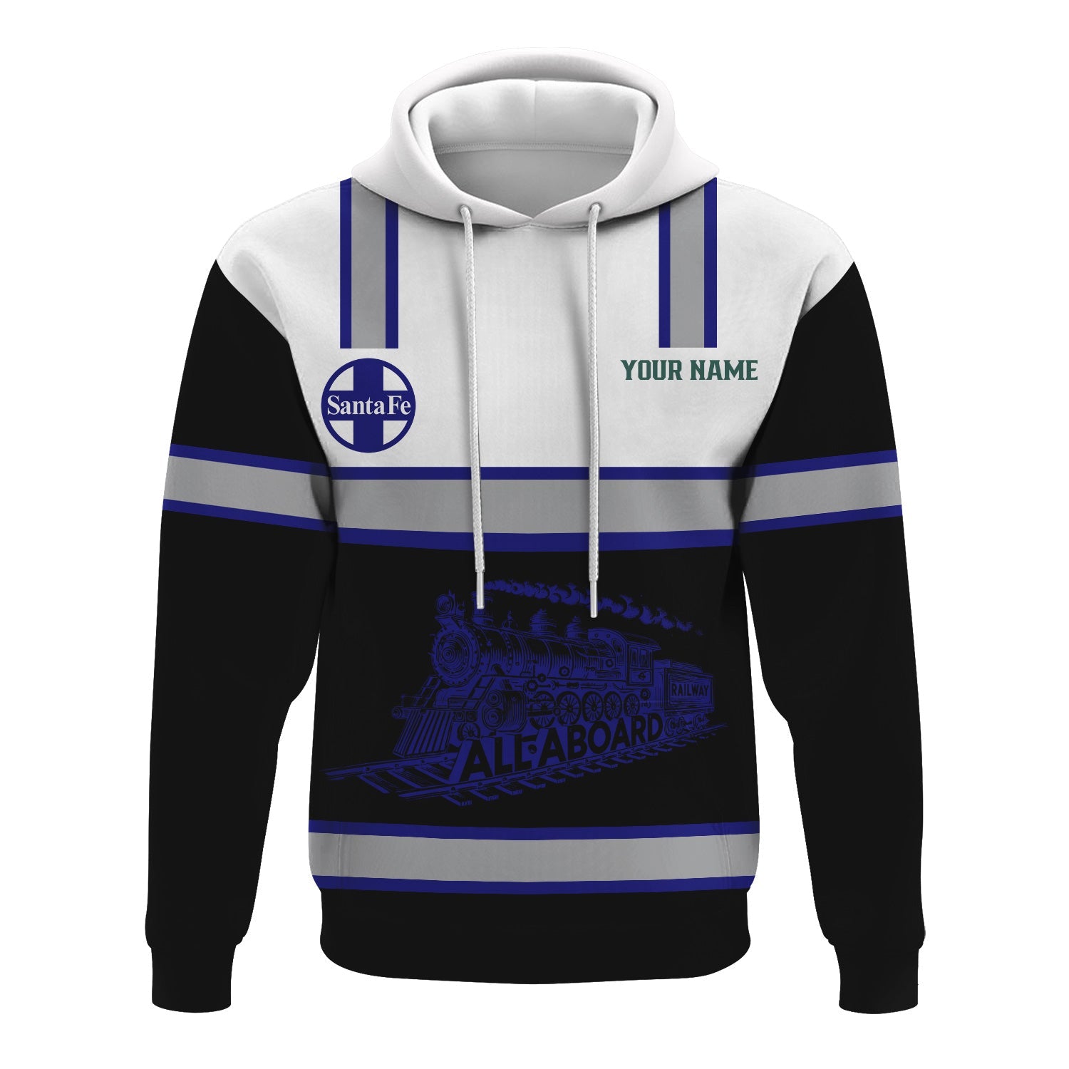 Railspirit Custom Name Santa Fe Railway Hoodie Eat Train Sleep Repeat Atchison, Topeka and Santa Fe Railway Printed Train Zip Hoodie