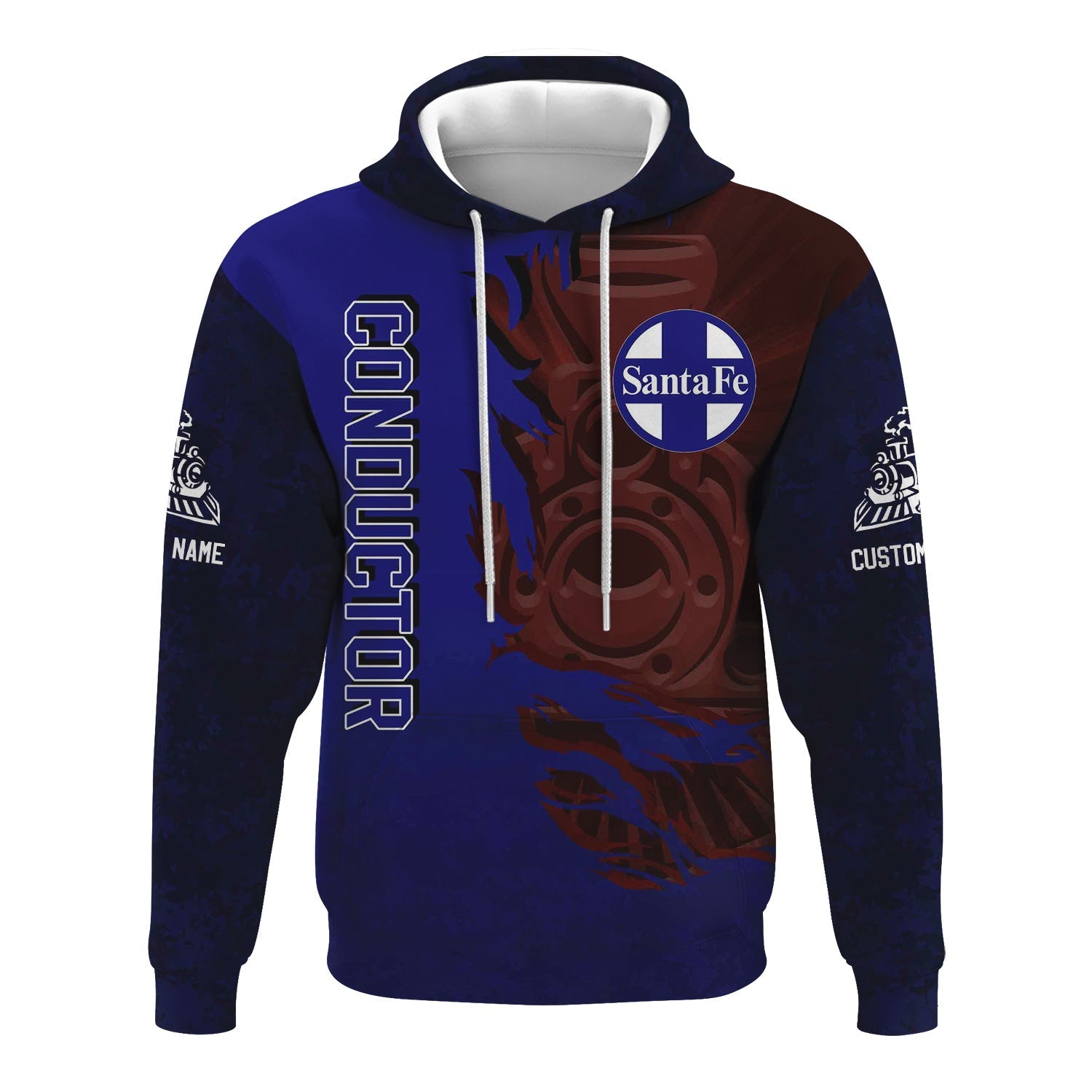 Railspirit Personalized Santa Fe ATSF Railway Hoodie Blazing Style with Custom Position Atchison, Topeka and Santa Fe Train Zip Up Hoodie