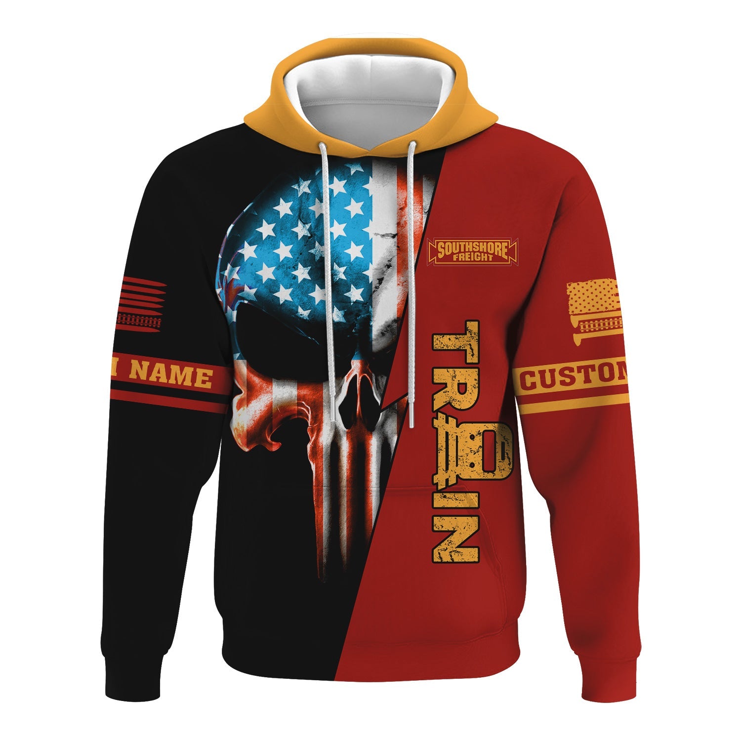 Railspirit Personalized Chicago South Shore and South Bend Railroad Hoodie Train Skull American Flag Zip Up Hoodie All Over Print