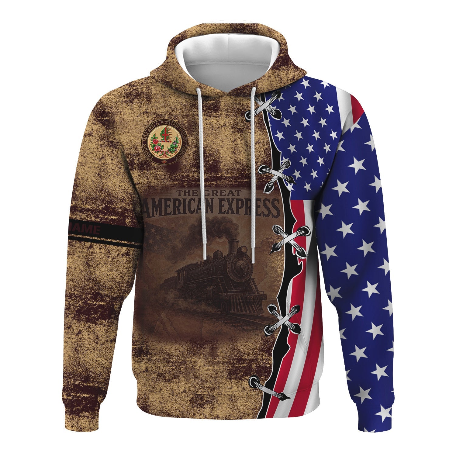 Railspirit Personalized London, Midland and Scottish Railway Hoodie Retro American Express Train With USA Flag Zip Up Hoodie