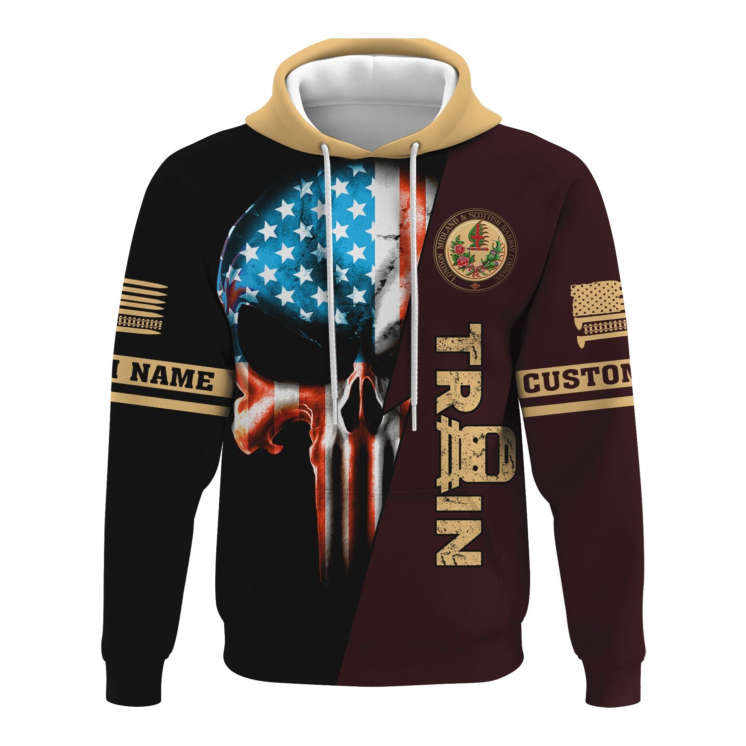 Railspirit Personalized London, Midland and Scottish Railway Hoodie Train Skull American Flag Zip Up Hoodie All Over Print