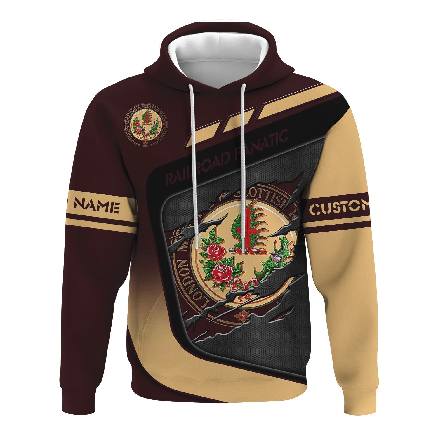 Railspirit Personalized London, Midland and Scottish Railway Hoodie Ripped Texture Style Train Zip Up Hoodie For Railroad Fanatic