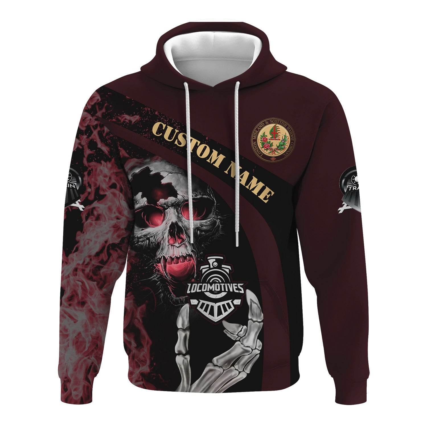 Railspirit Personalized London, Midland and Scottish Railway Hoodie Flame Skull Design Train Zip Up Hoodie for Locomotive Fans