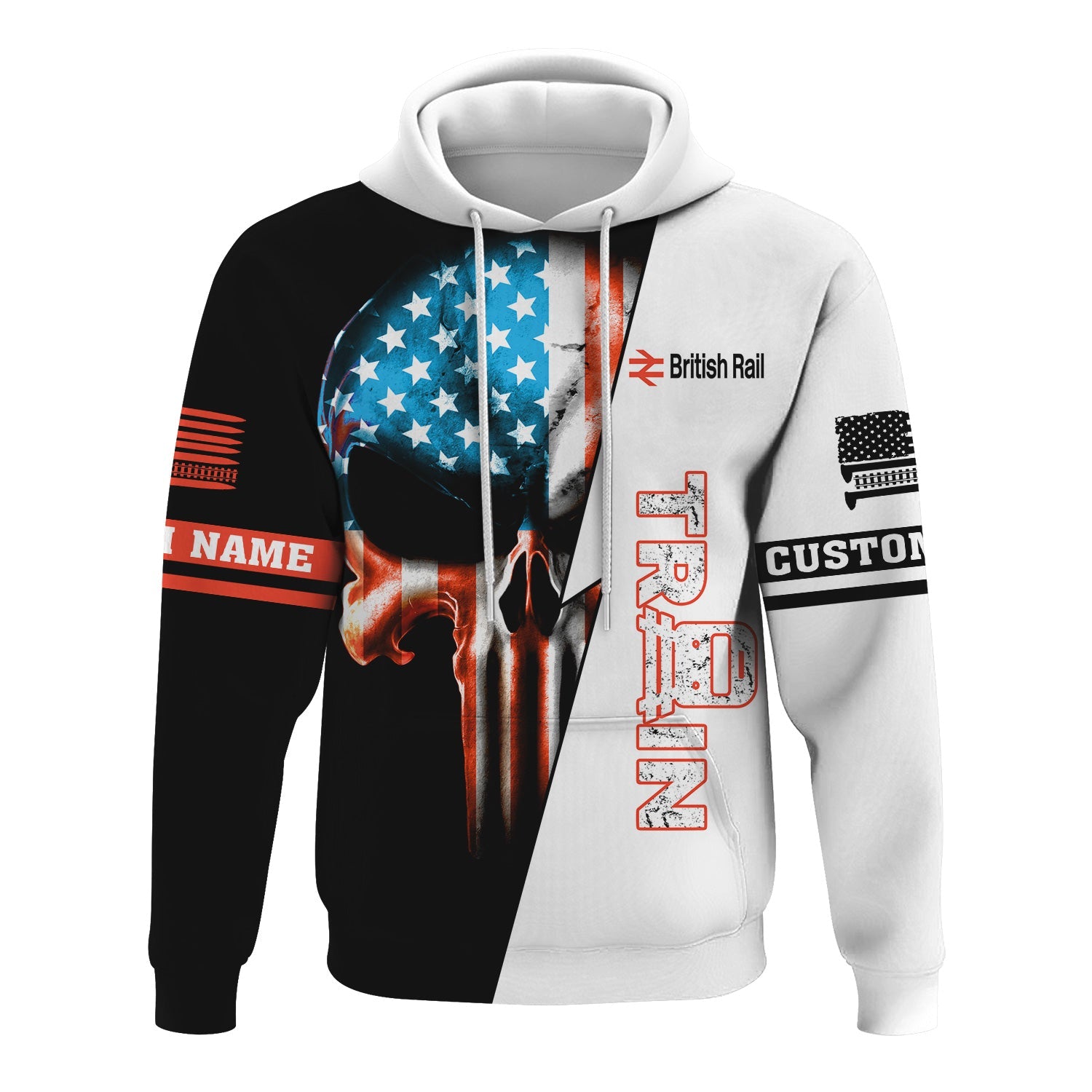 Railspirit Personalized British Railway Hoodie Train Skull American Flag Zip Up Hoodie All Over Print