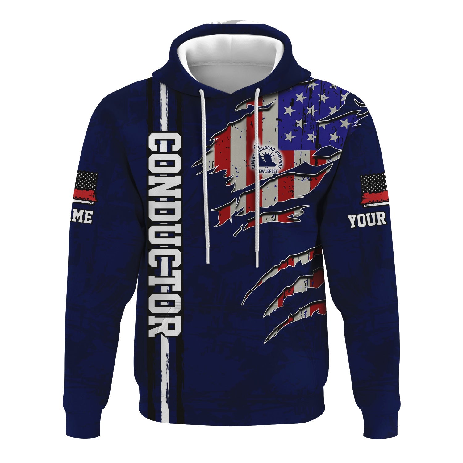 Railspirit Personalized Jersey Central Railroad Hoodie USA Flag Claw Art with Custom Job CNJ Train Zip Up Hoodie