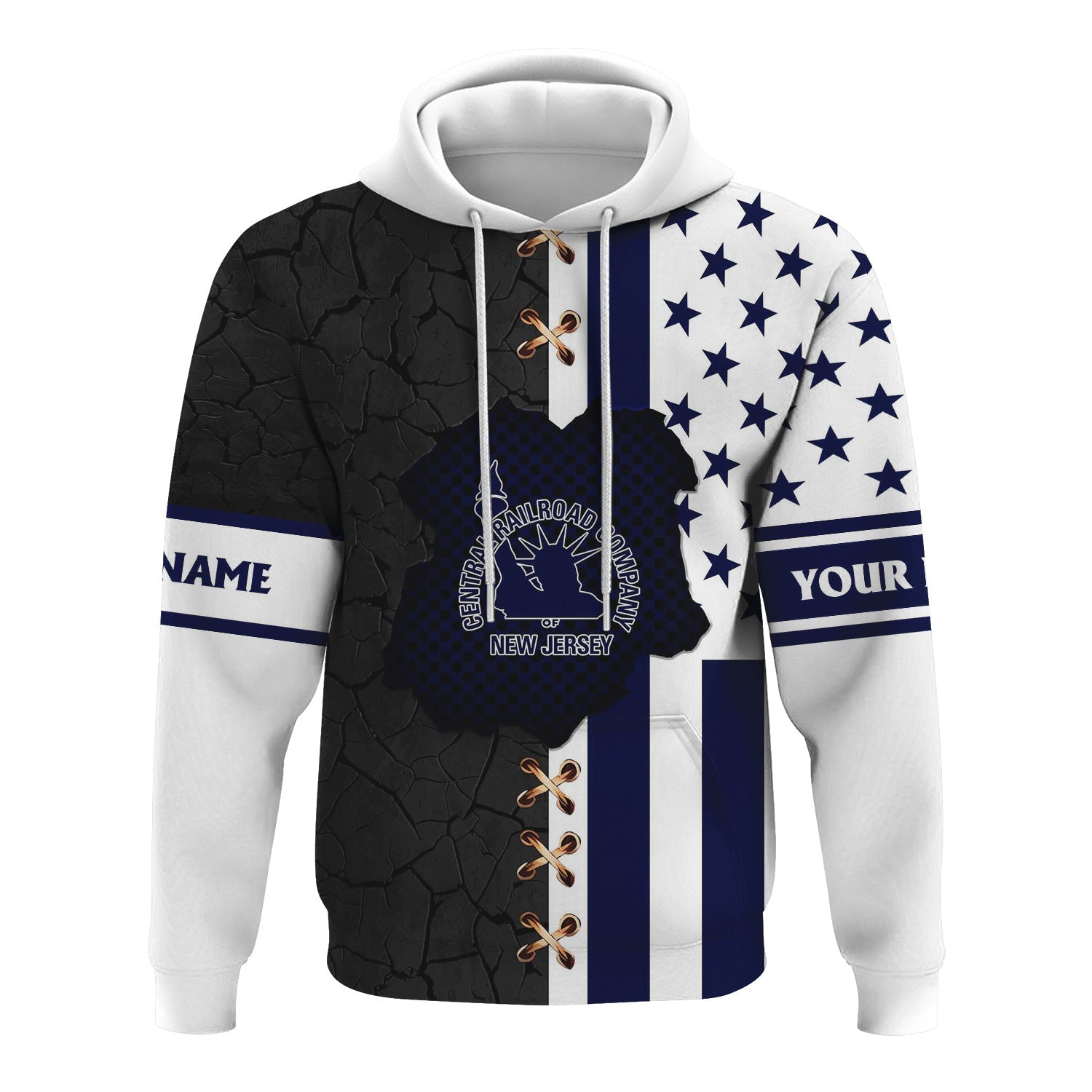 Railspirit Personalized Jersey Central Railroad Hoodie American Flag with Crack Effect CNJ Train Zip Up Hoodie