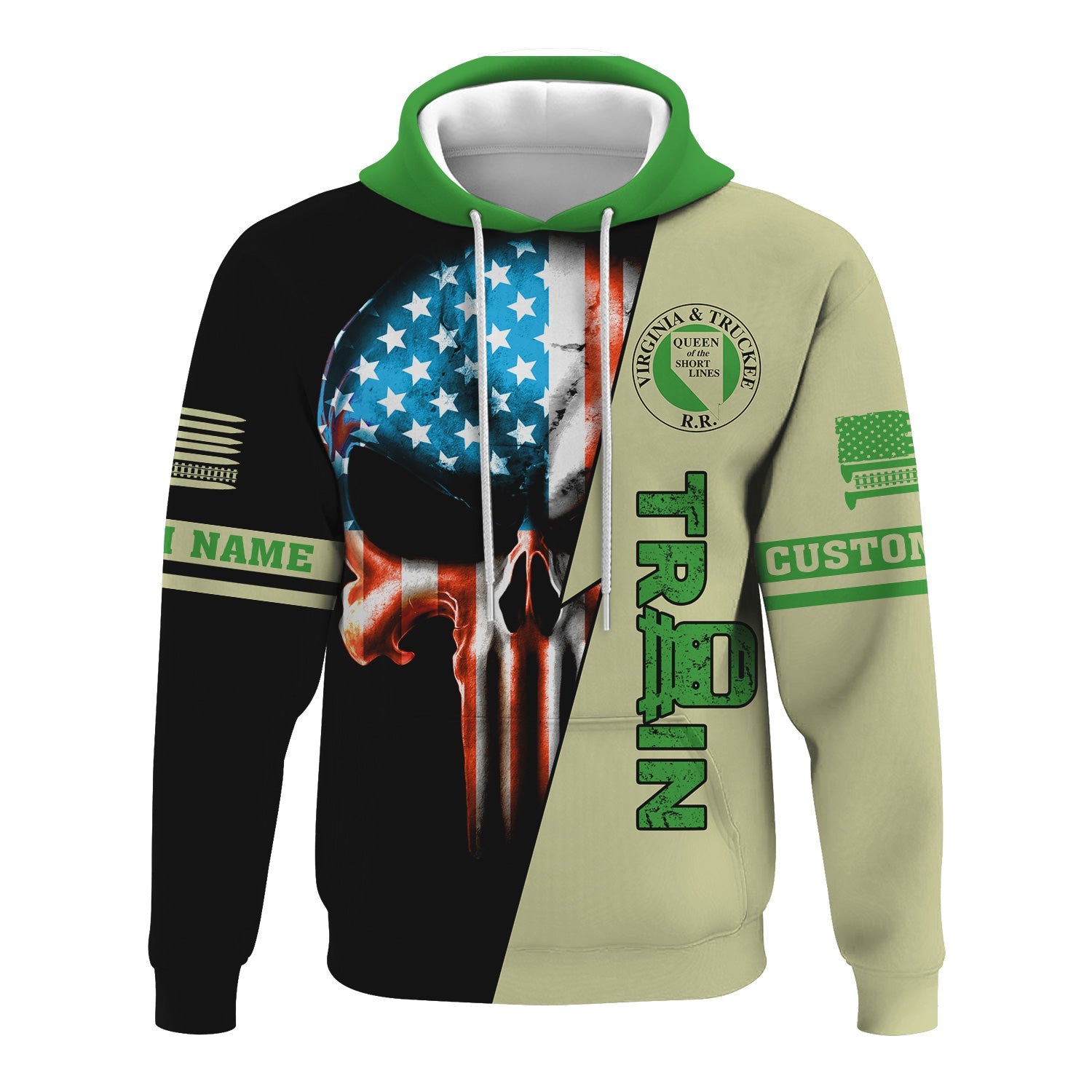 Railspirit Personalized Virginia & Truckee Railroad Hoodie Train Skull American Flag Zip Up Hoodie All Over Print