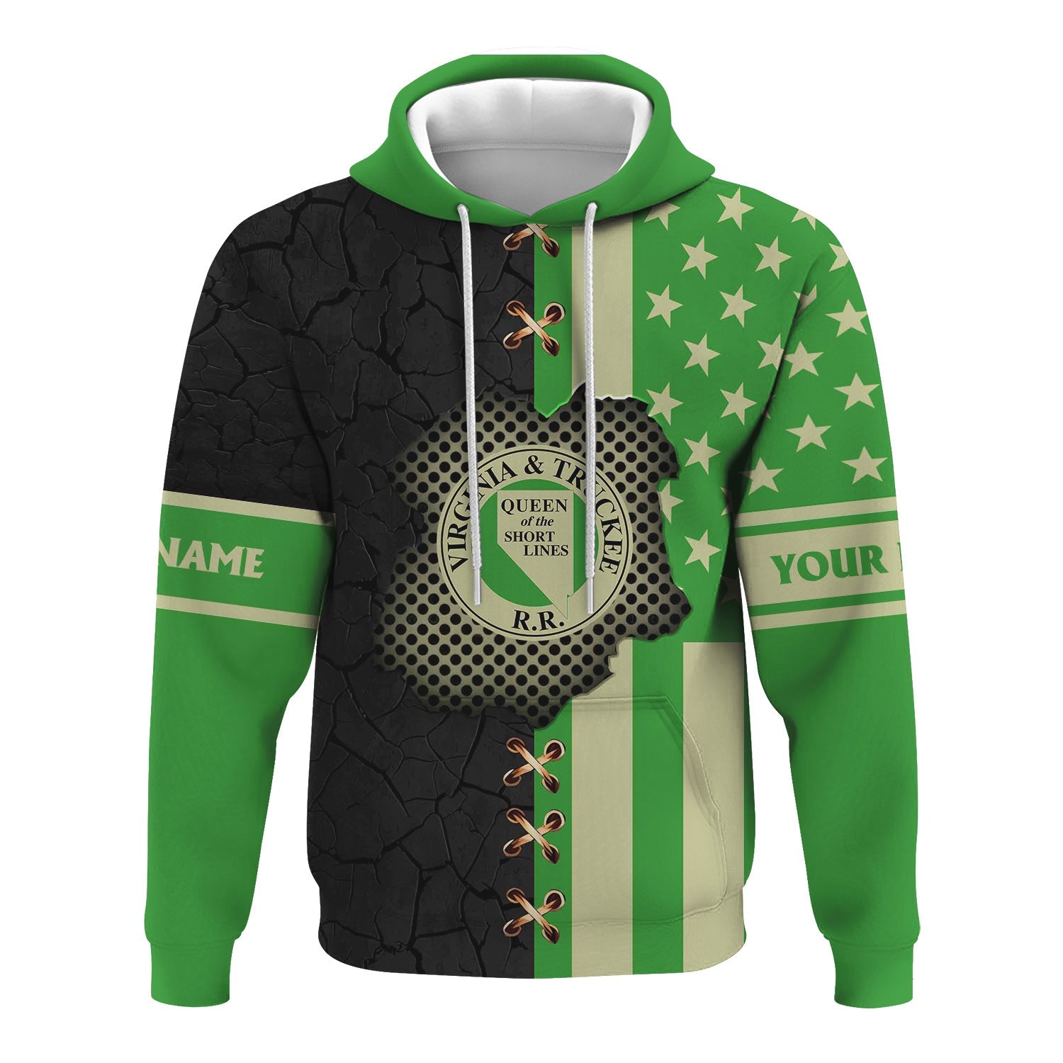 Railspirit Personalized Virginia & Truckee Railroad Hoodie American Flag with Crack Effect Train Zip Up Hoodie