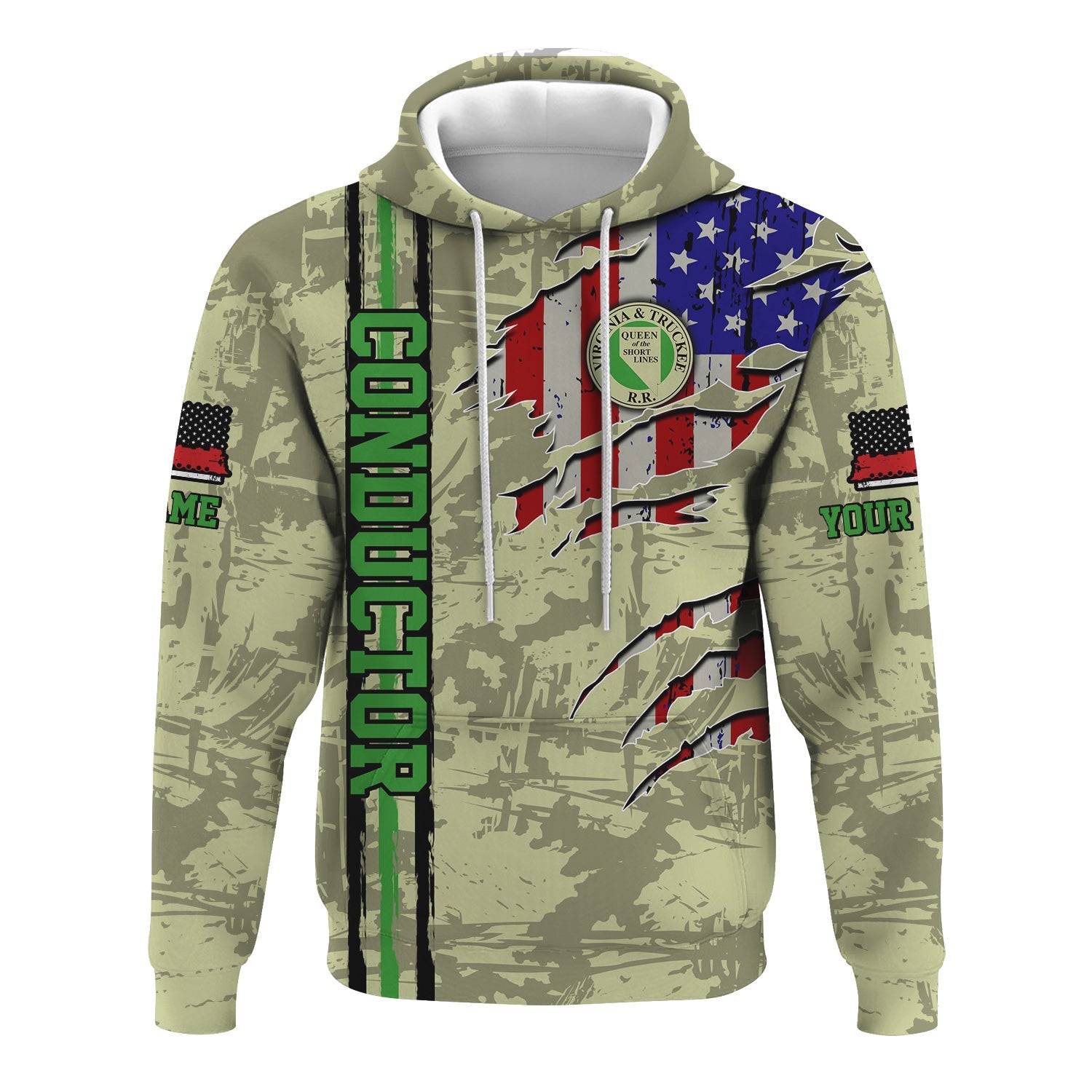 Railspirit Personalized Virginia & Truckee Railroad Hoodie USA Flag Claw Art with Custom Job Train Zip Up Hoodie