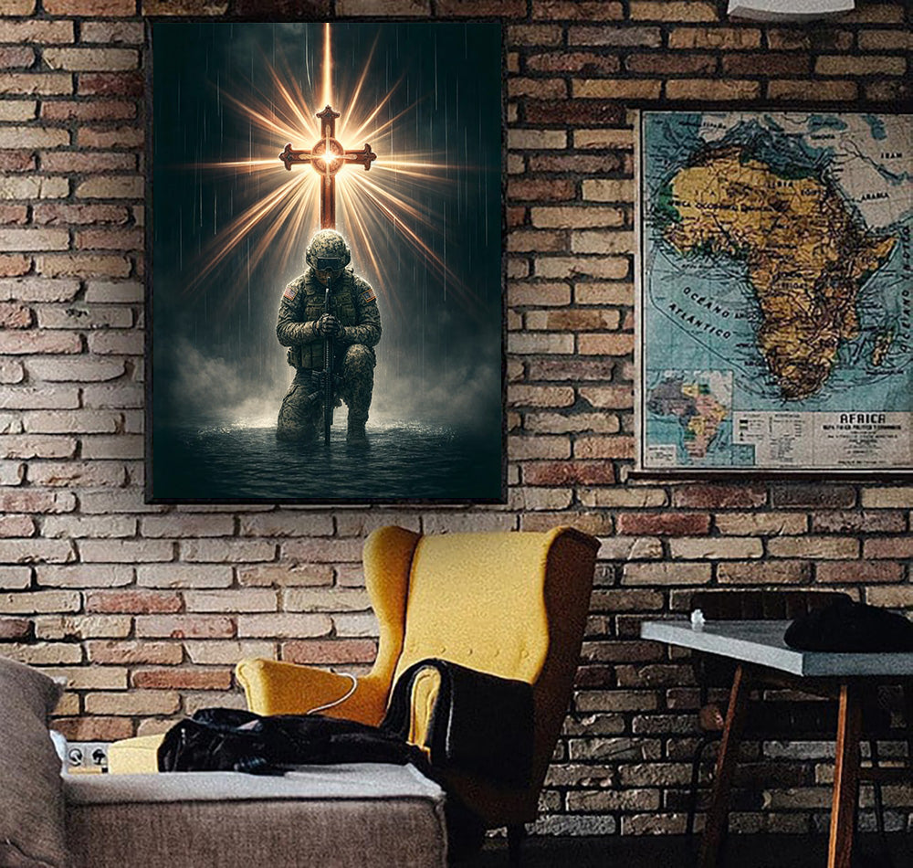 Christian Soldier Wall Art Canvas, Kneeling Warrior Under Glowing Cross, Faith Over Fear Military Canvas Print